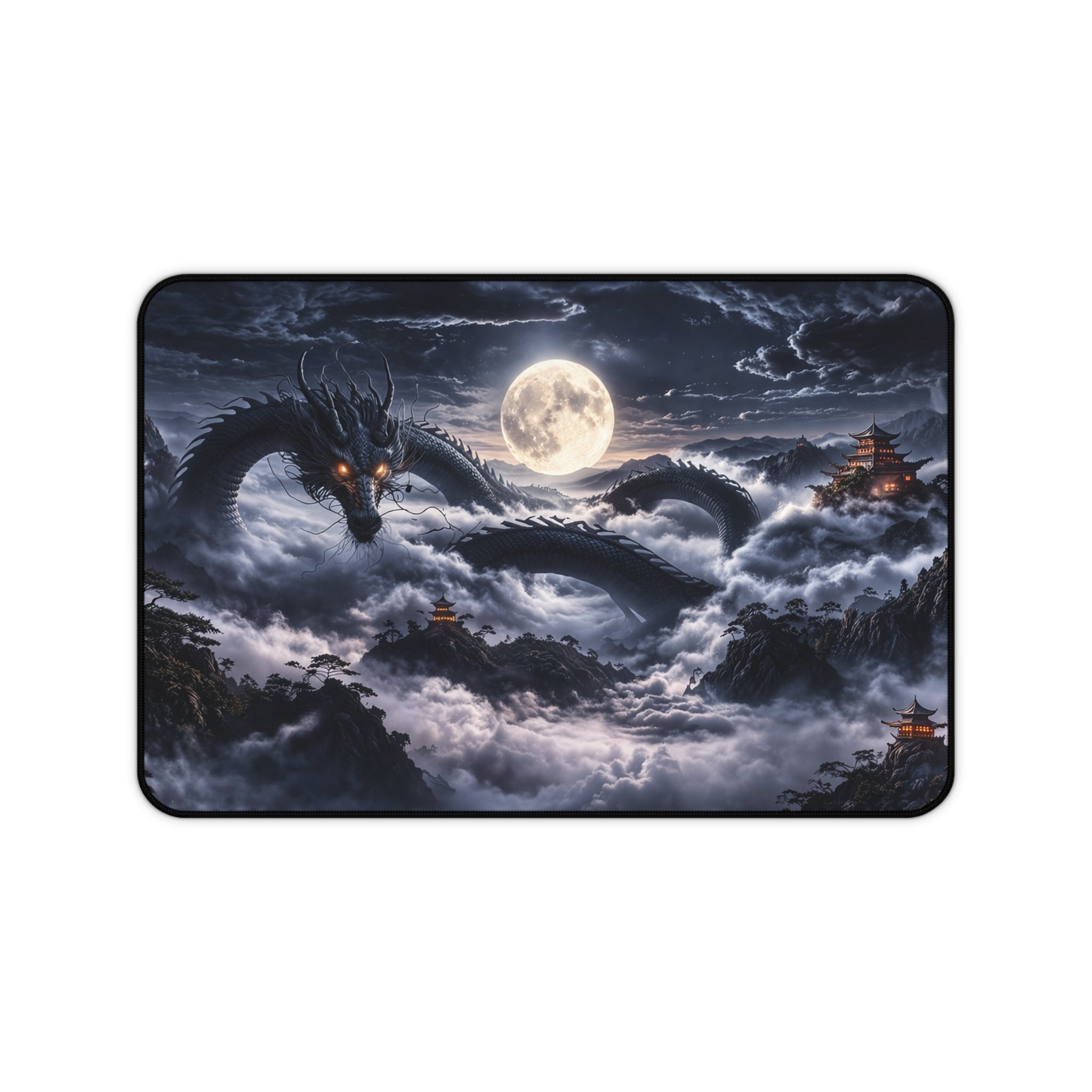 Moonlit Black Dragon Desk Mat XXL, Gaming Mouse Pad | Fantasy Japanese Dark Aesthetic