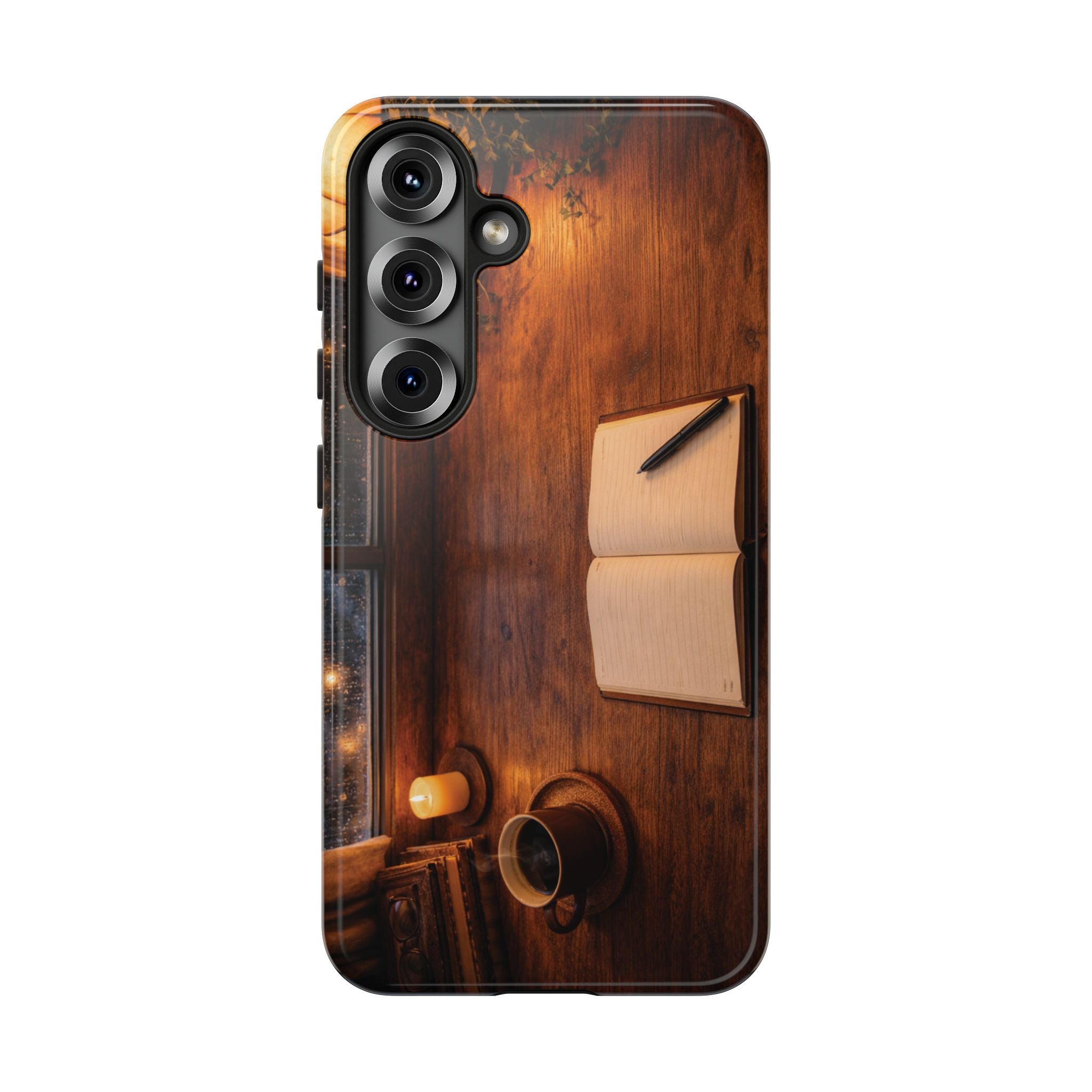 Cozy Writer’s Desk Phone Case — Cozy Notebook & Coffee Woodgrain Design