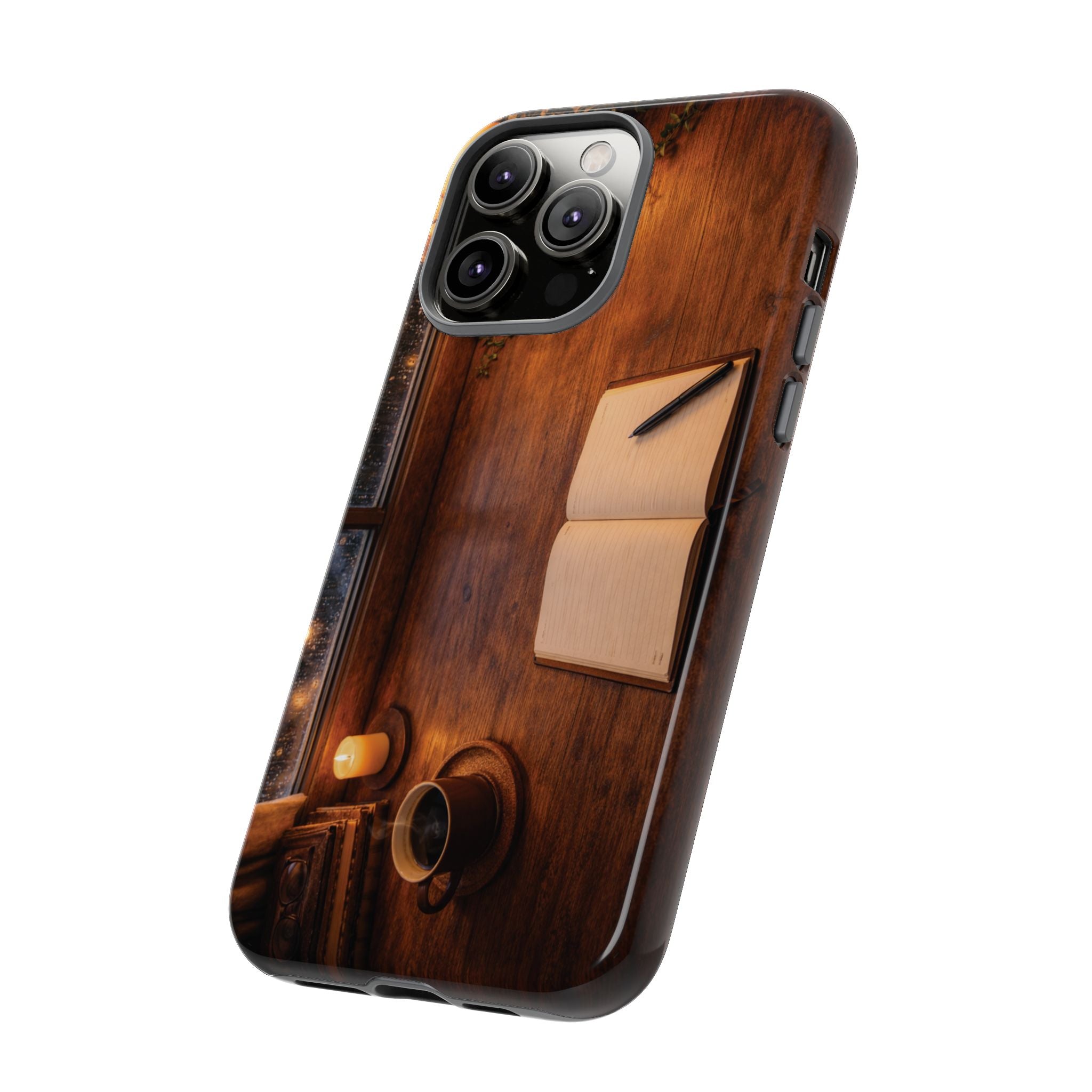 Cozy Writer’s Desk Phone Case — Cozy Notebook & Coffee Woodgrain Design
