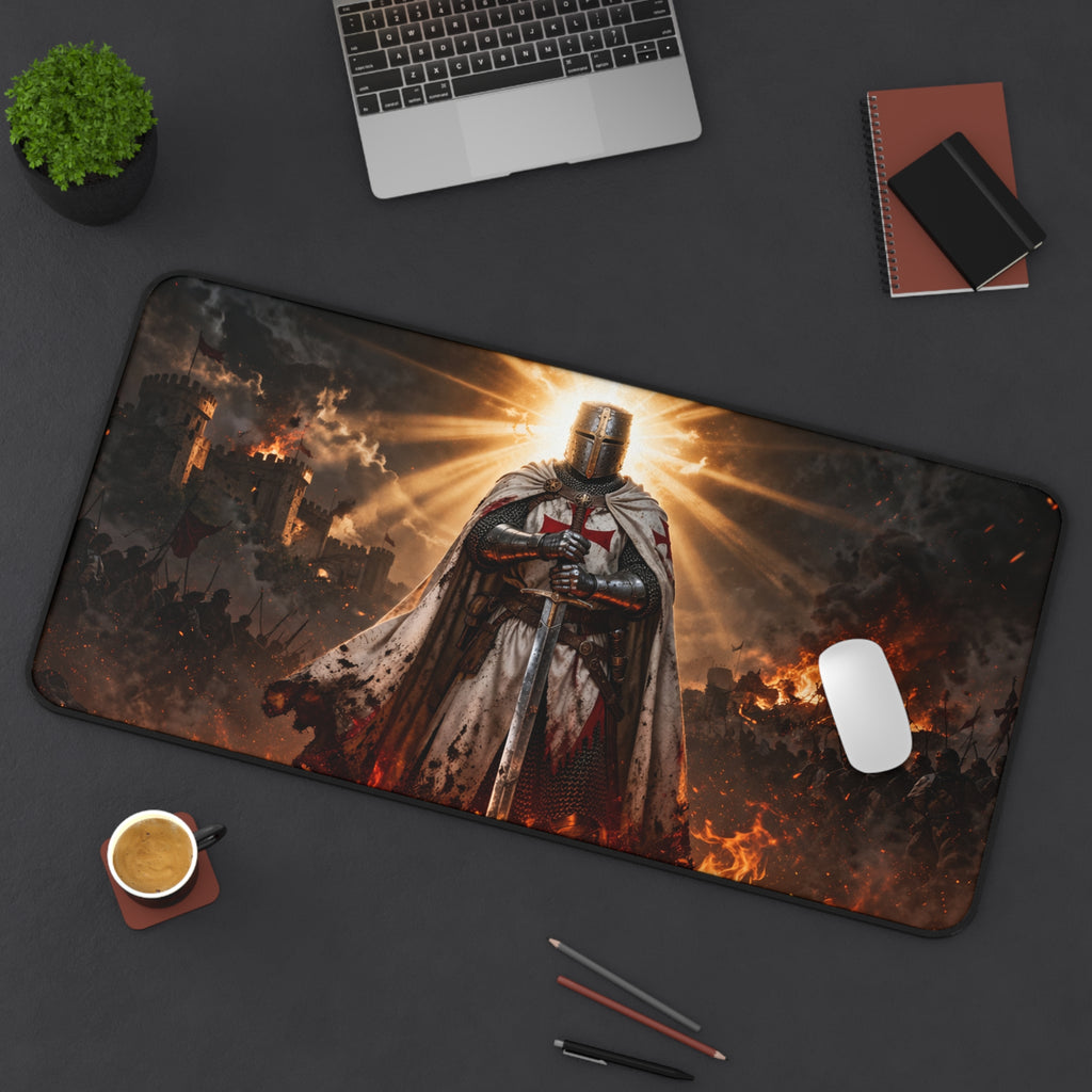 Crusader Flame Desk Mat — Battle-Scarred Gamer Mousepad