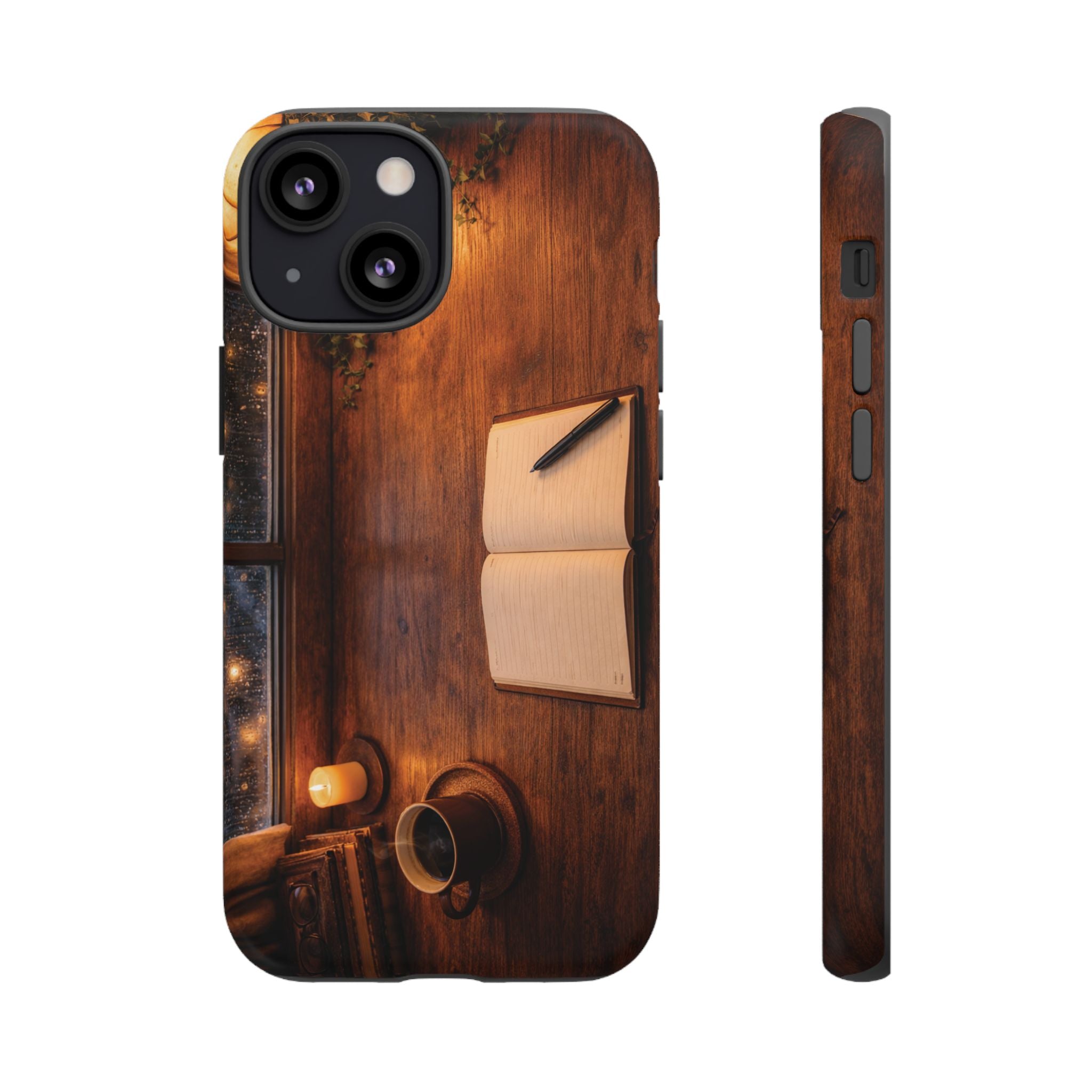 Cozy Writer’s Desk Phone Case — Cozy Notebook & Coffee Woodgrain Design