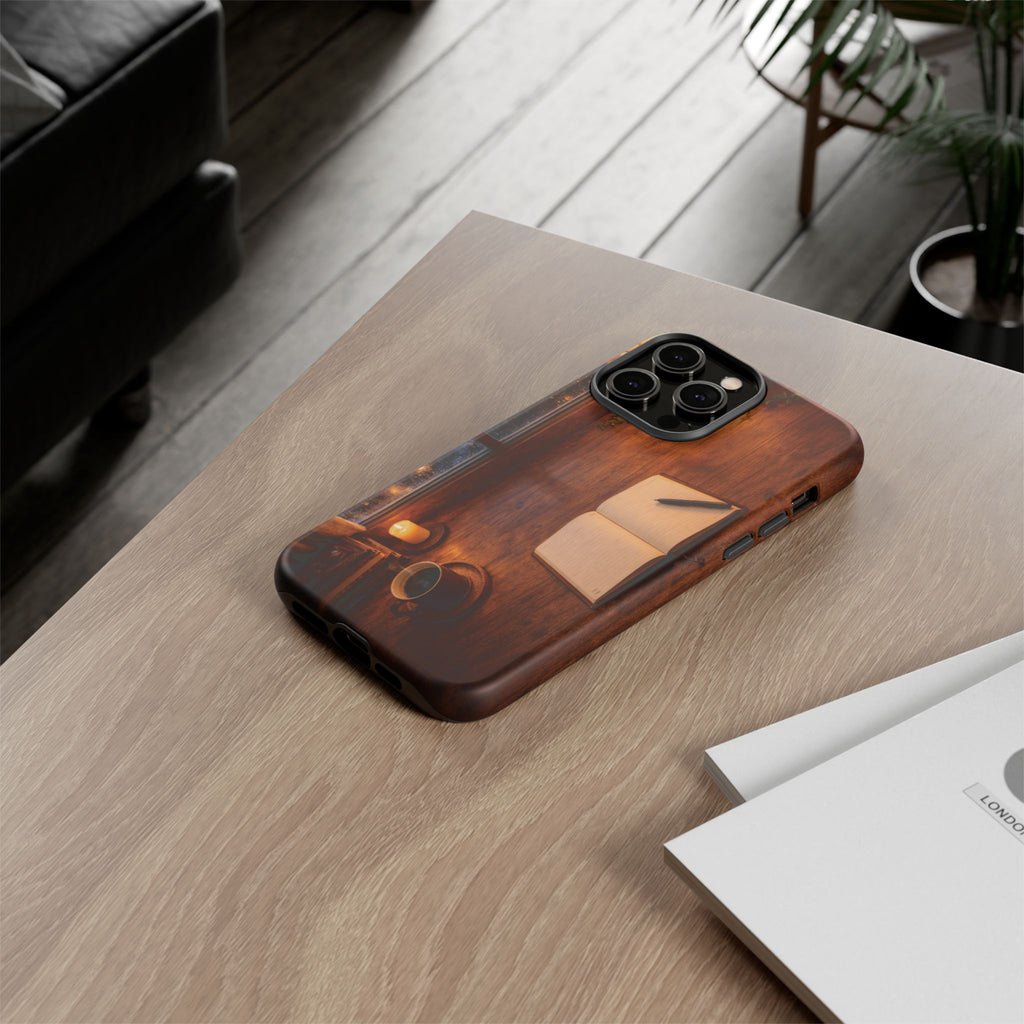 Cozy Writer’s Desk Phone Case — Cozy Notebook & Coffee Woodgrain Design