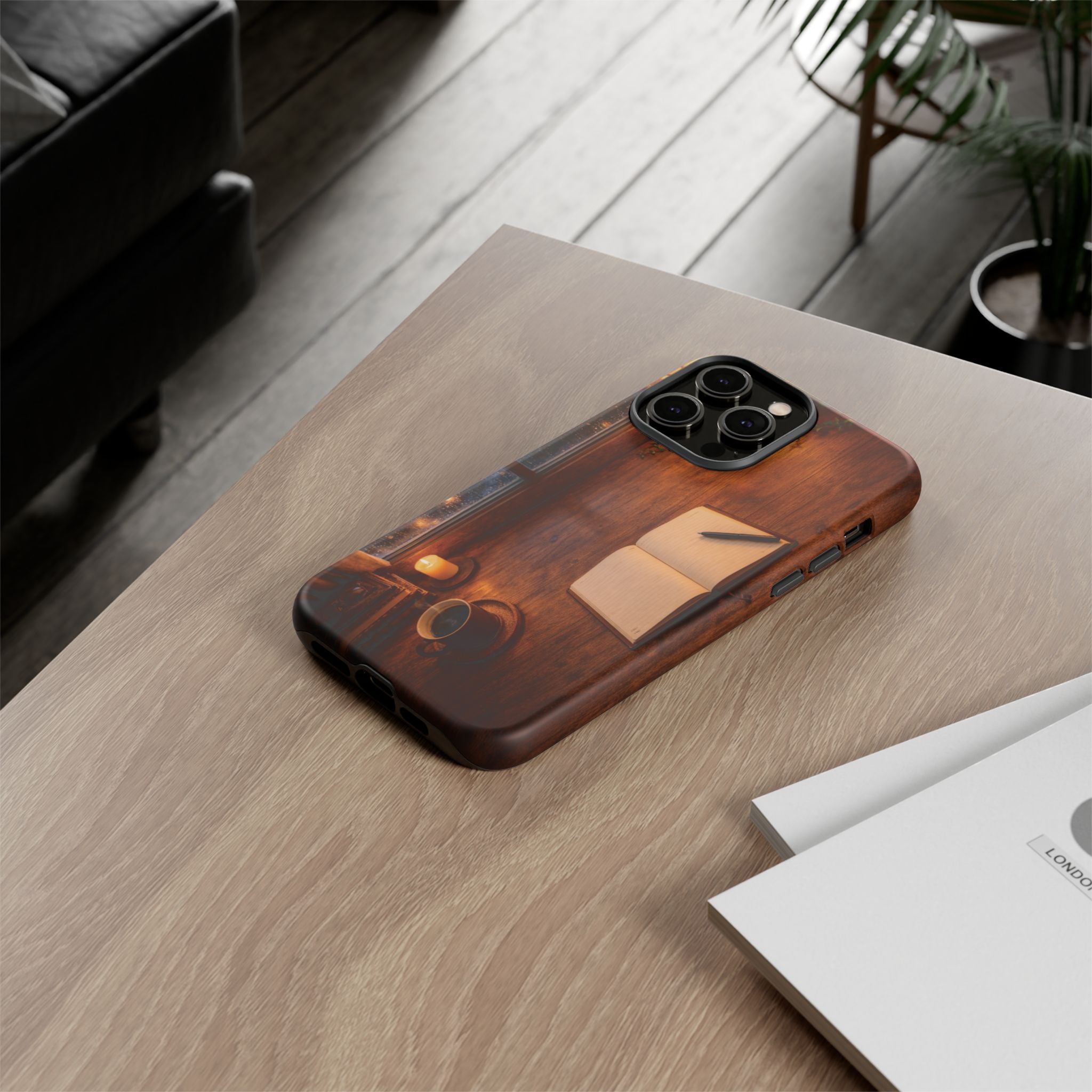Cozy Writer’s Desk Phone Case — Cozy Notebook & Coffee Woodgrain Design