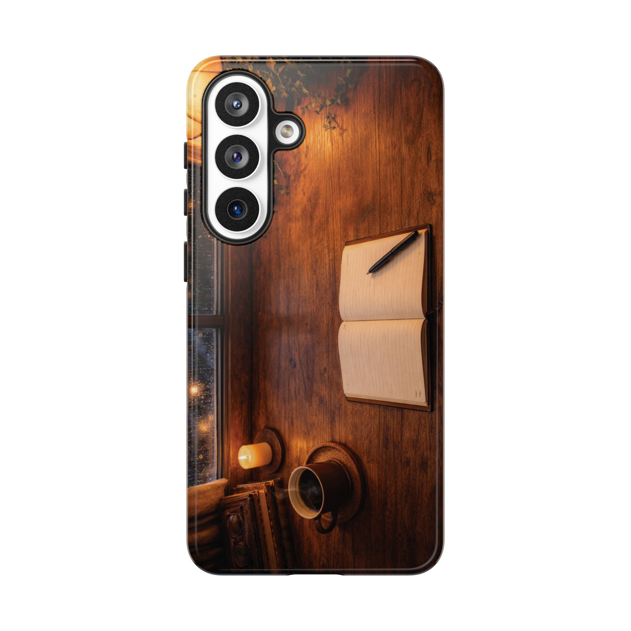 Cozy Writer’s Desk Phone Case — Cozy Notebook & Coffee Woodgrain Design
