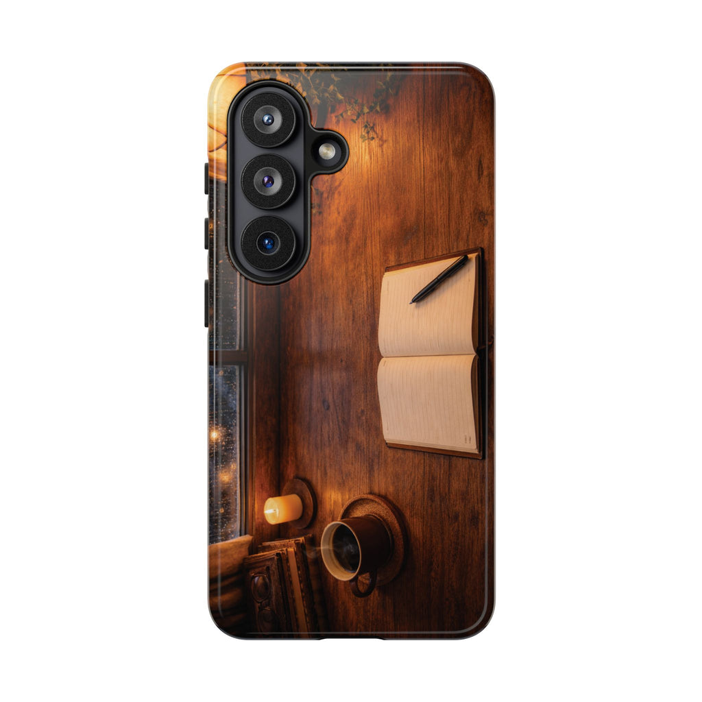Cozy Writer’s Desk Phone Case — Cozy Notebook & Coffee Woodgrain Design