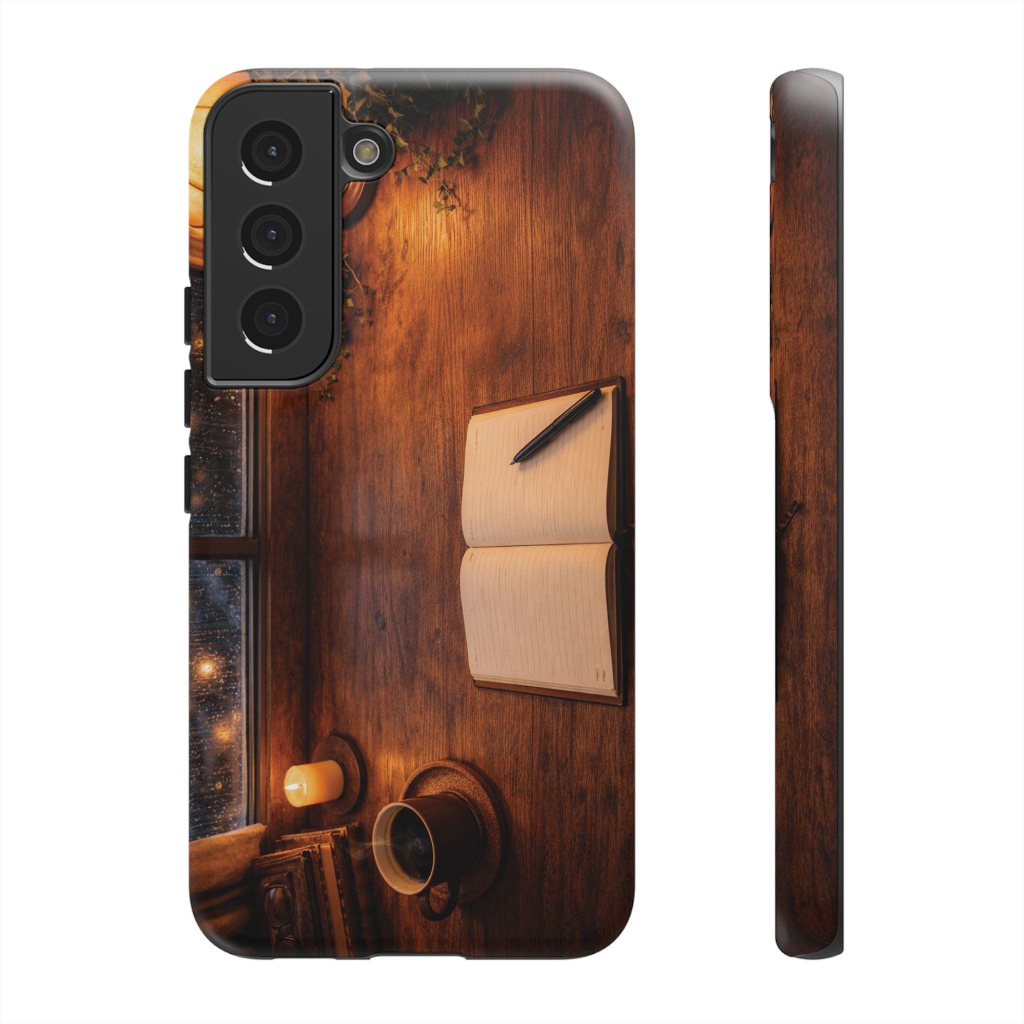 Cozy Writer’s Desk Phone Case — Cozy Notebook & Coffee Woodgrain Design
