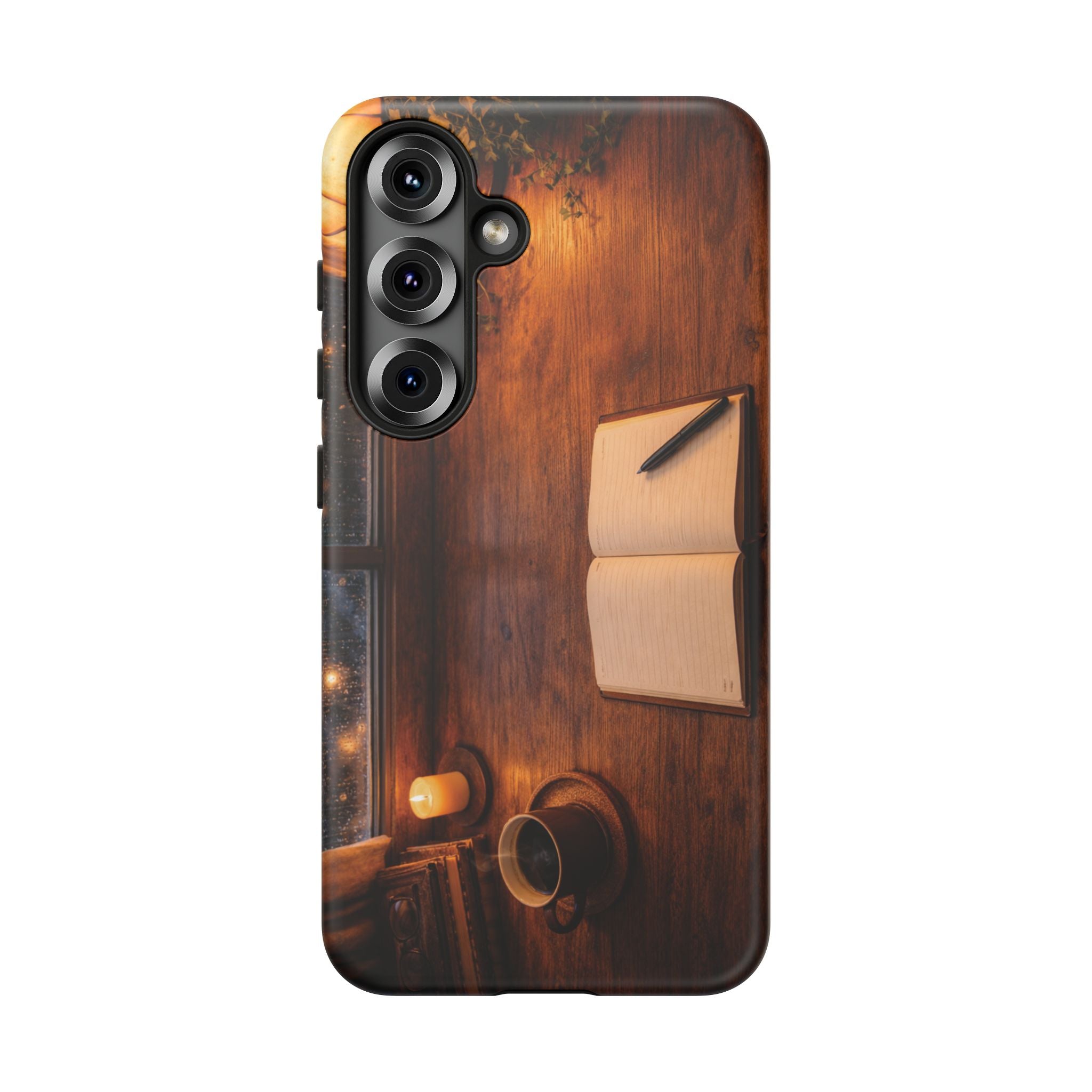 Cozy Writer’s Desk Phone Case — Cozy Notebook & Coffee Woodgrain Design