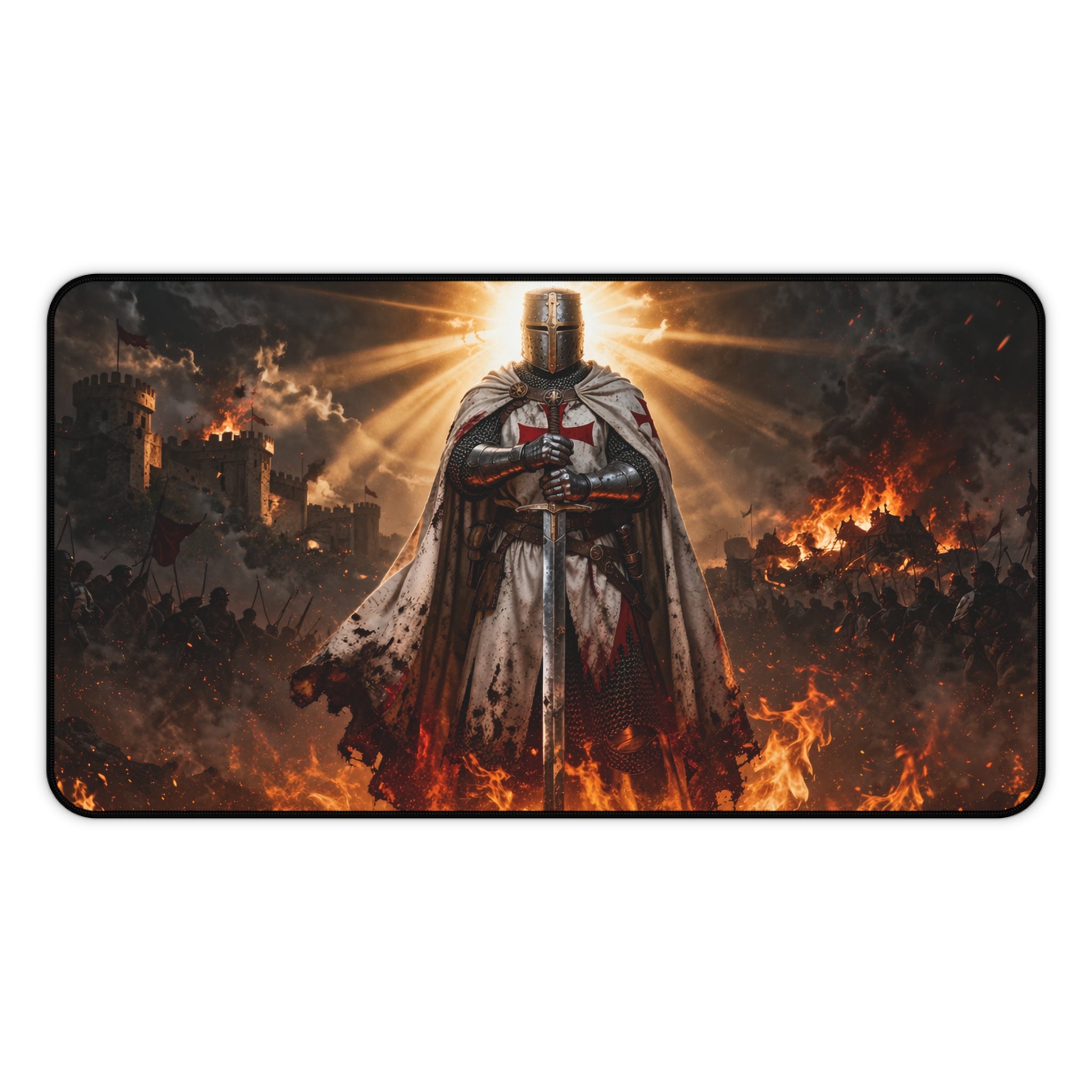 Crusader Flame Desk Mat — Battle-Scarred Gamer Mousepad