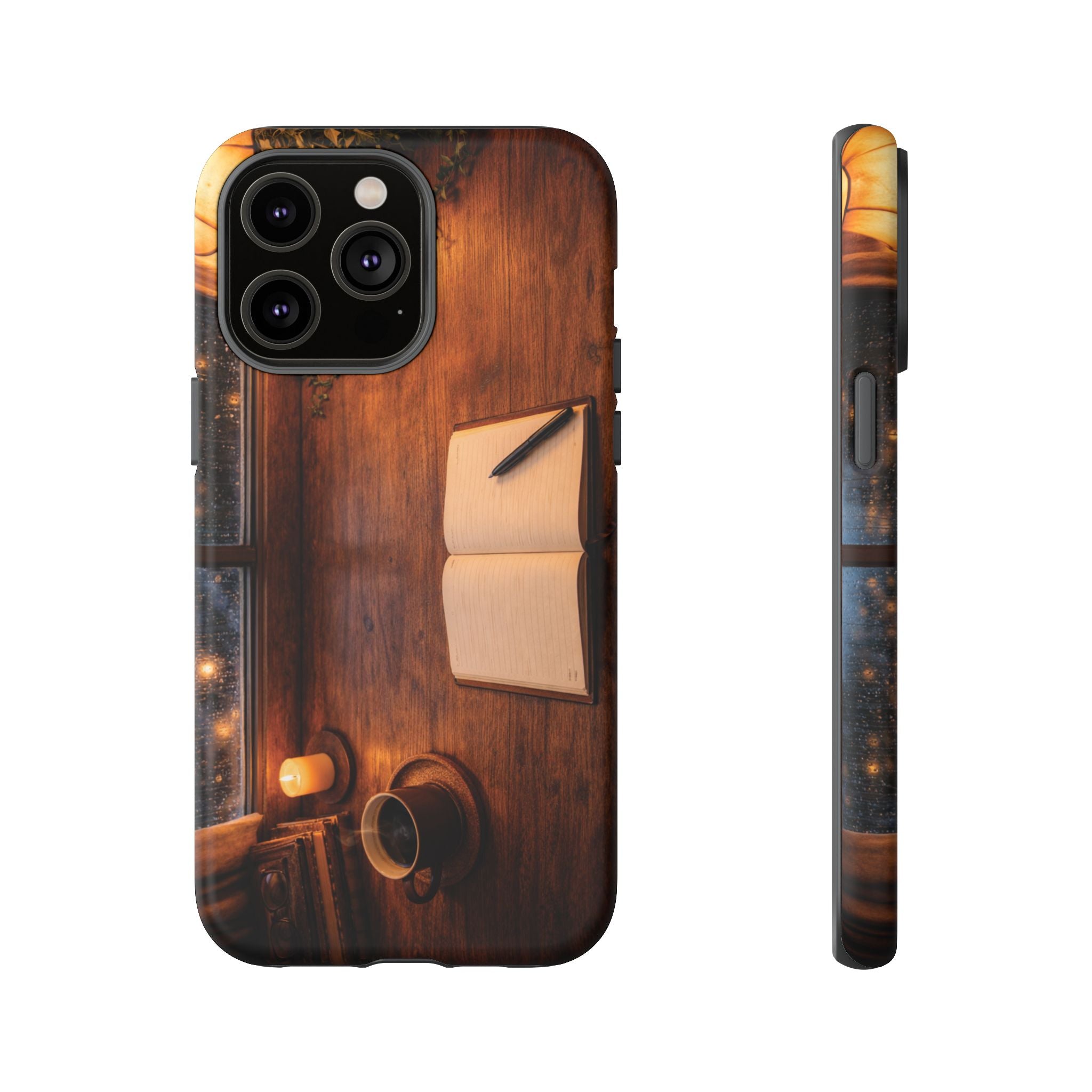 Cozy Writer’s Desk Phone Case — Cozy Notebook & Coffee Woodgrain Design