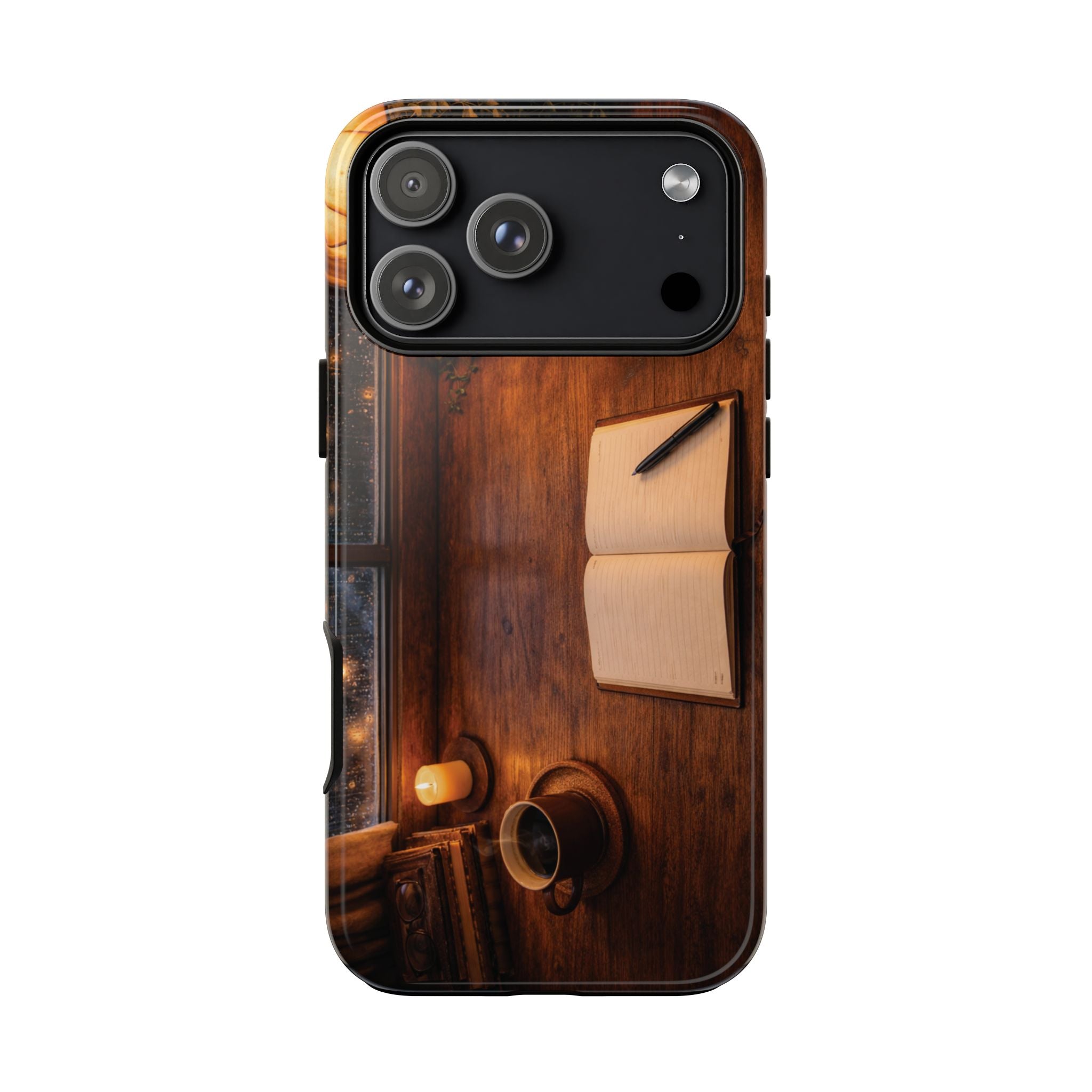 Cozy Writer’s Desk Phone Case — Cozy Notebook & Coffee Woodgrain Design