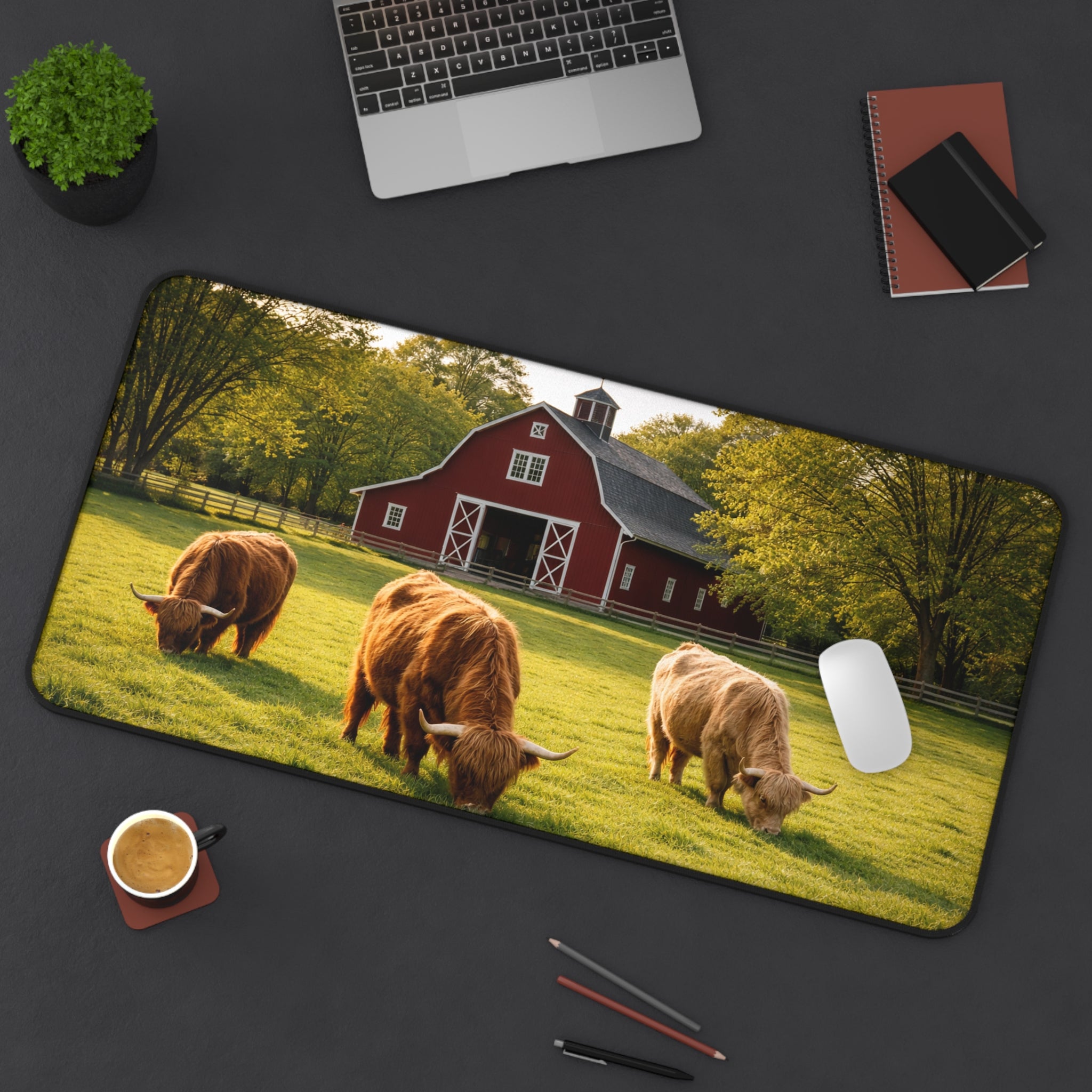 Golden Pasture Desk Mat — Highland Cattle & Red Barn Rustic Desk Pad