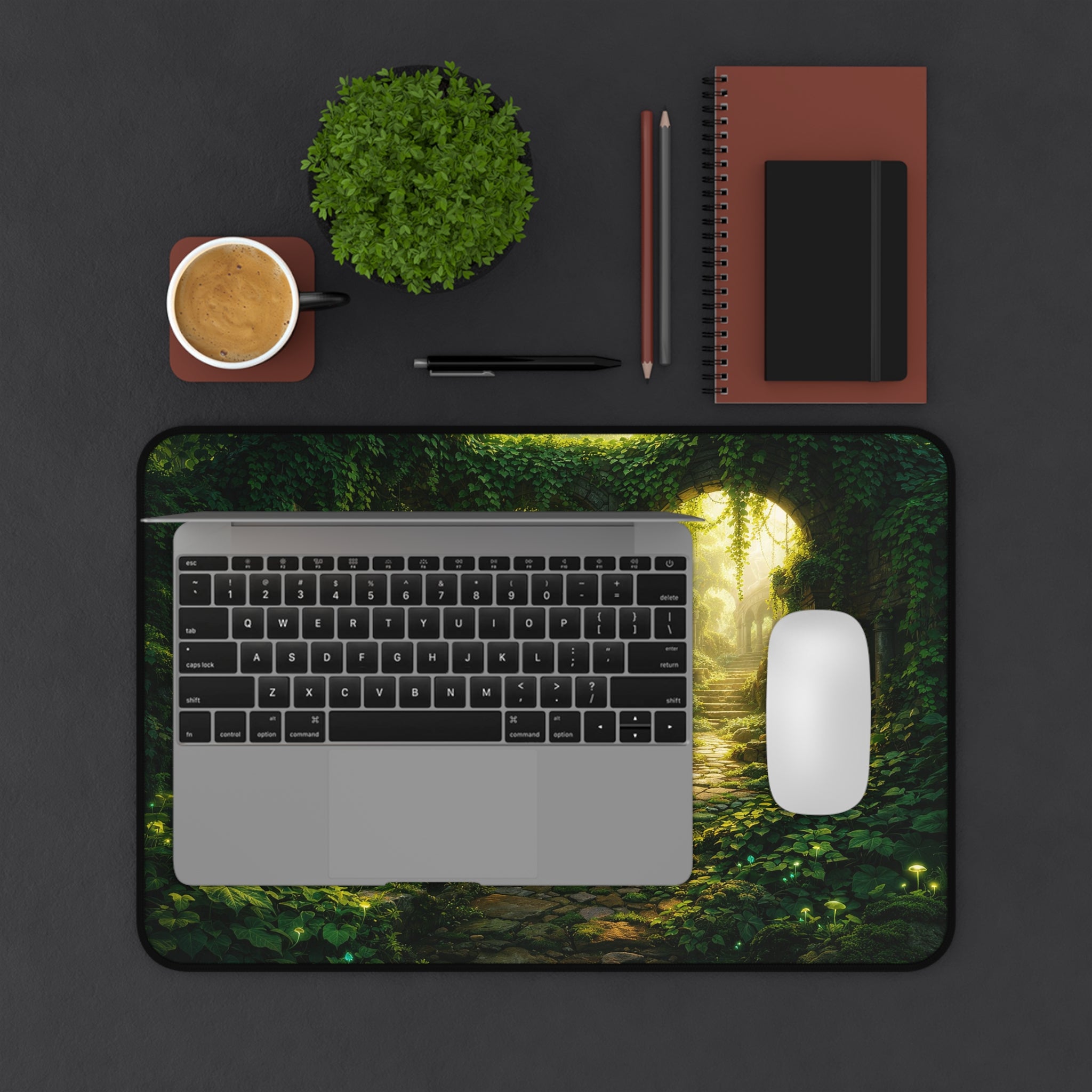 Ivy-Covered Ancient Ruins Desk Mat — Golden Sunlight Overgrown Ruins Desk Mat