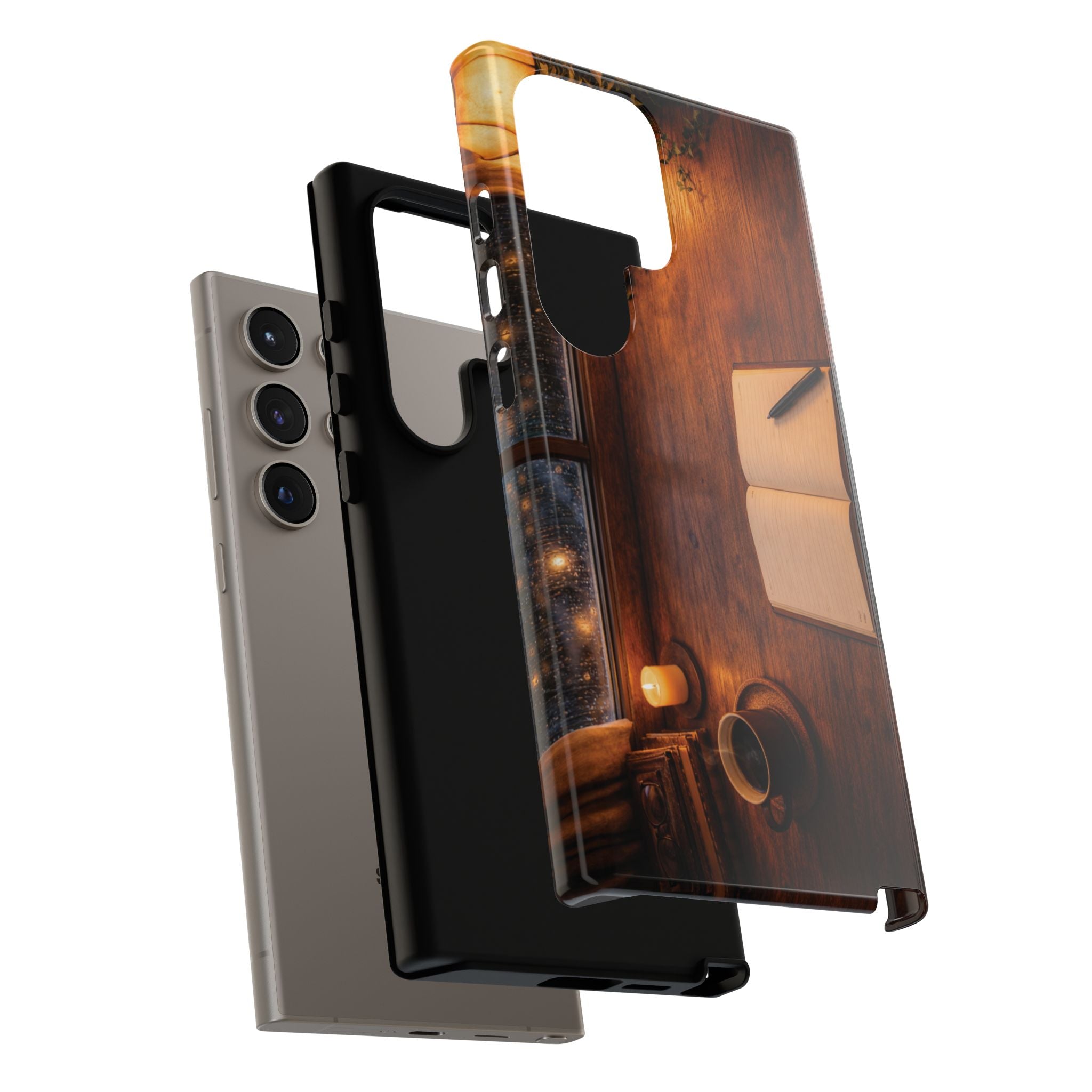 Cozy Writer’s Desk Phone Case — Cozy Notebook & Coffee Woodgrain Design