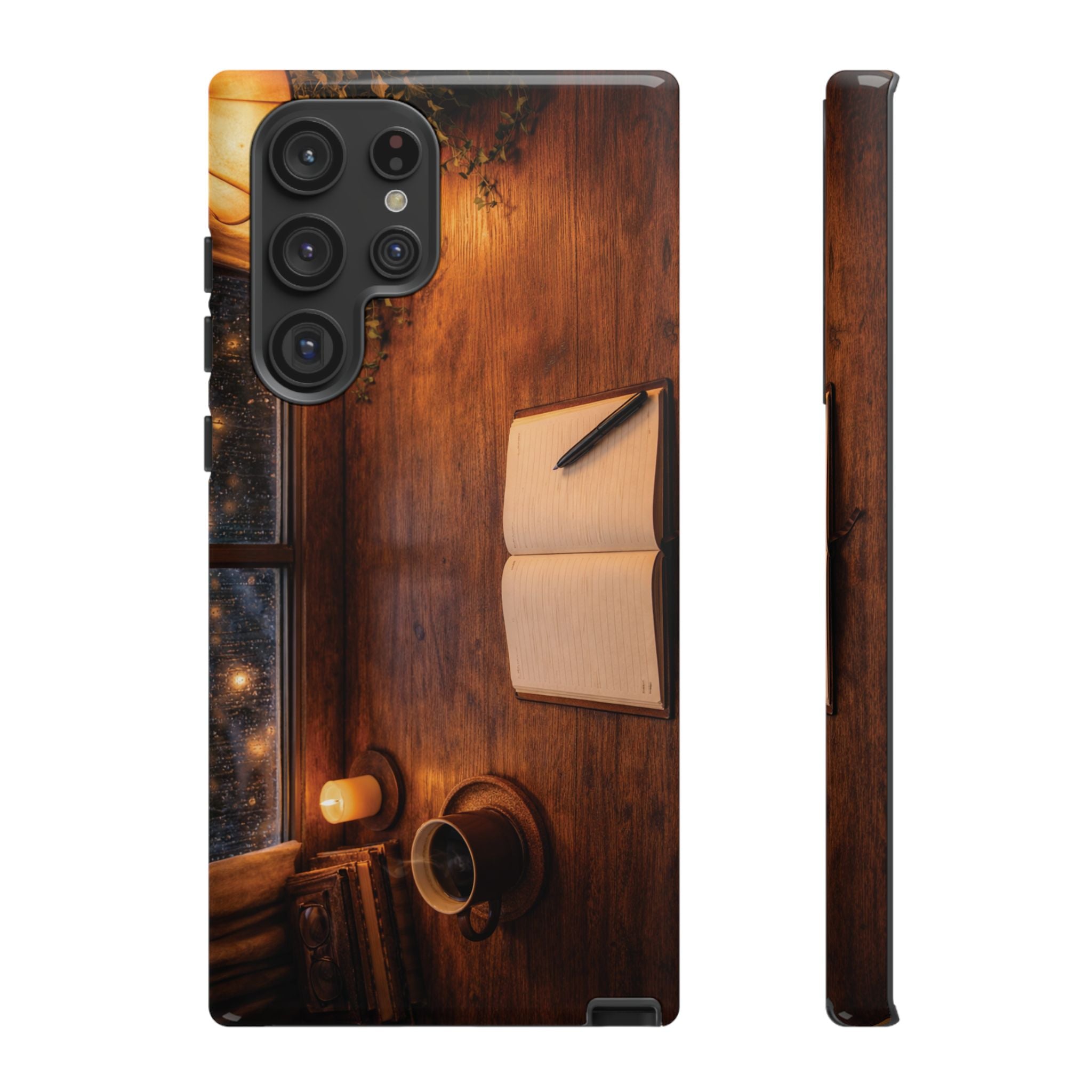 Cozy Writer’s Desk Phone Case — Cozy Notebook & Coffee Woodgrain Design