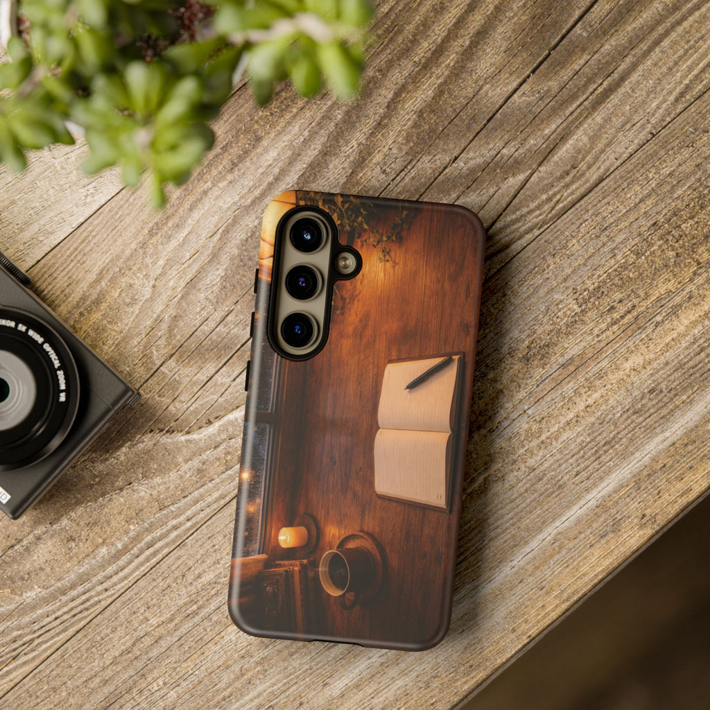 Cozy Writer’s Desk Phone Case — Cozy Notebook & Coffee Woodgrain Design