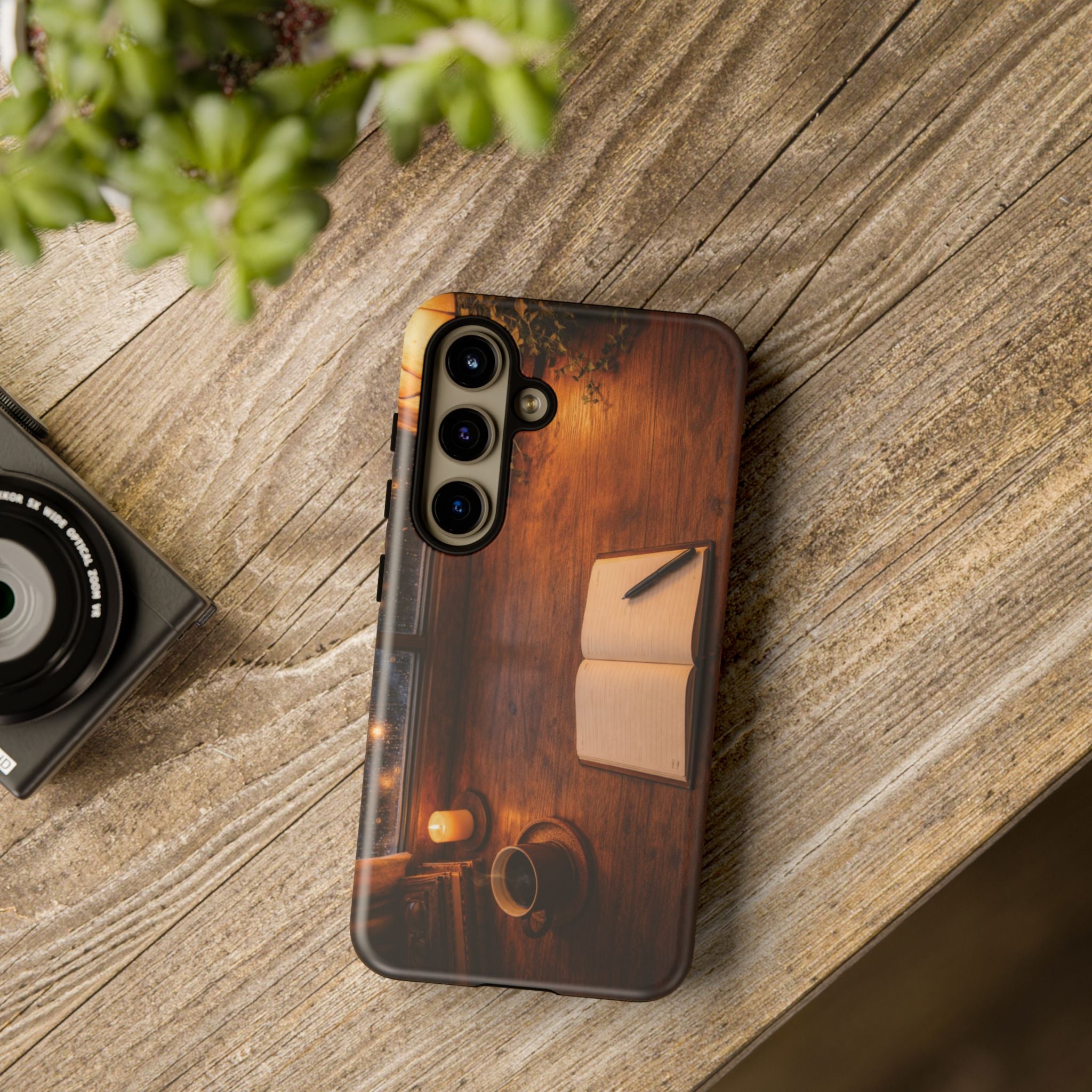 Cozy Writer’s Desk Phone Case — Cozy Notebook & Coffee Woodgrain Design
