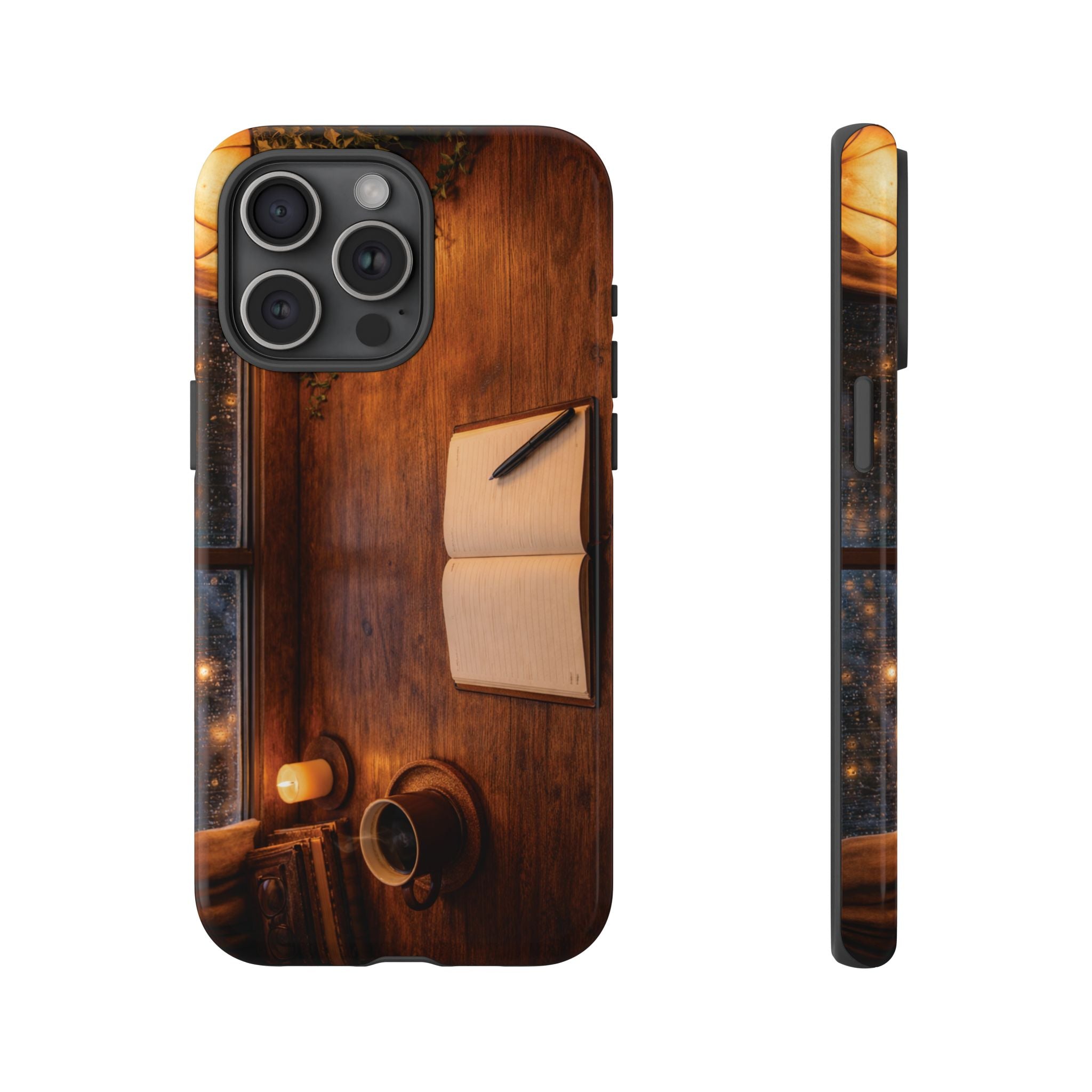 Cozy Writer’s Desk Phone Case — Cozy Notebook & Coffee Woodgrain Design