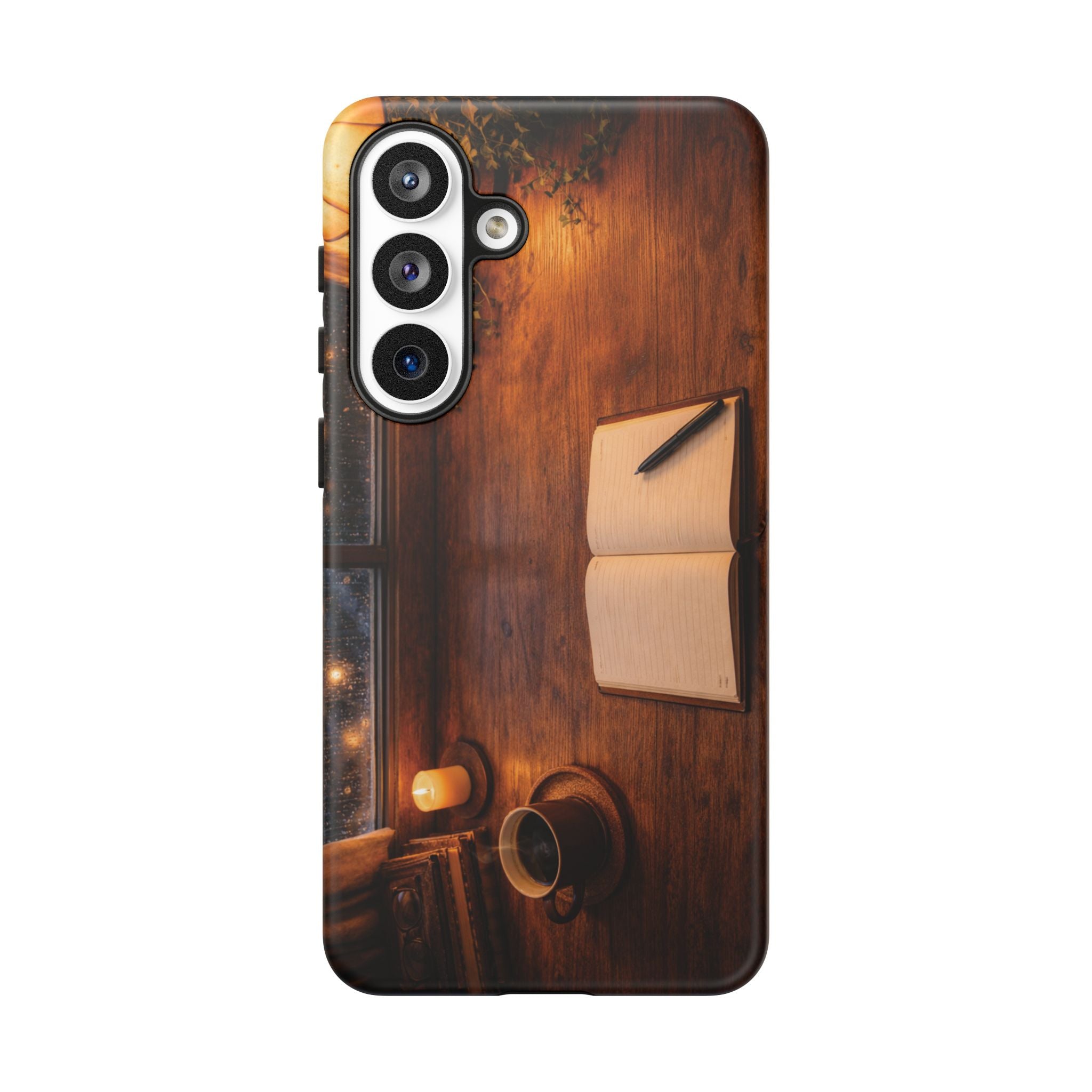 Cozy Writer’s Desk Phone Case — Cozy Notebook & Coffee Woodgrain Design