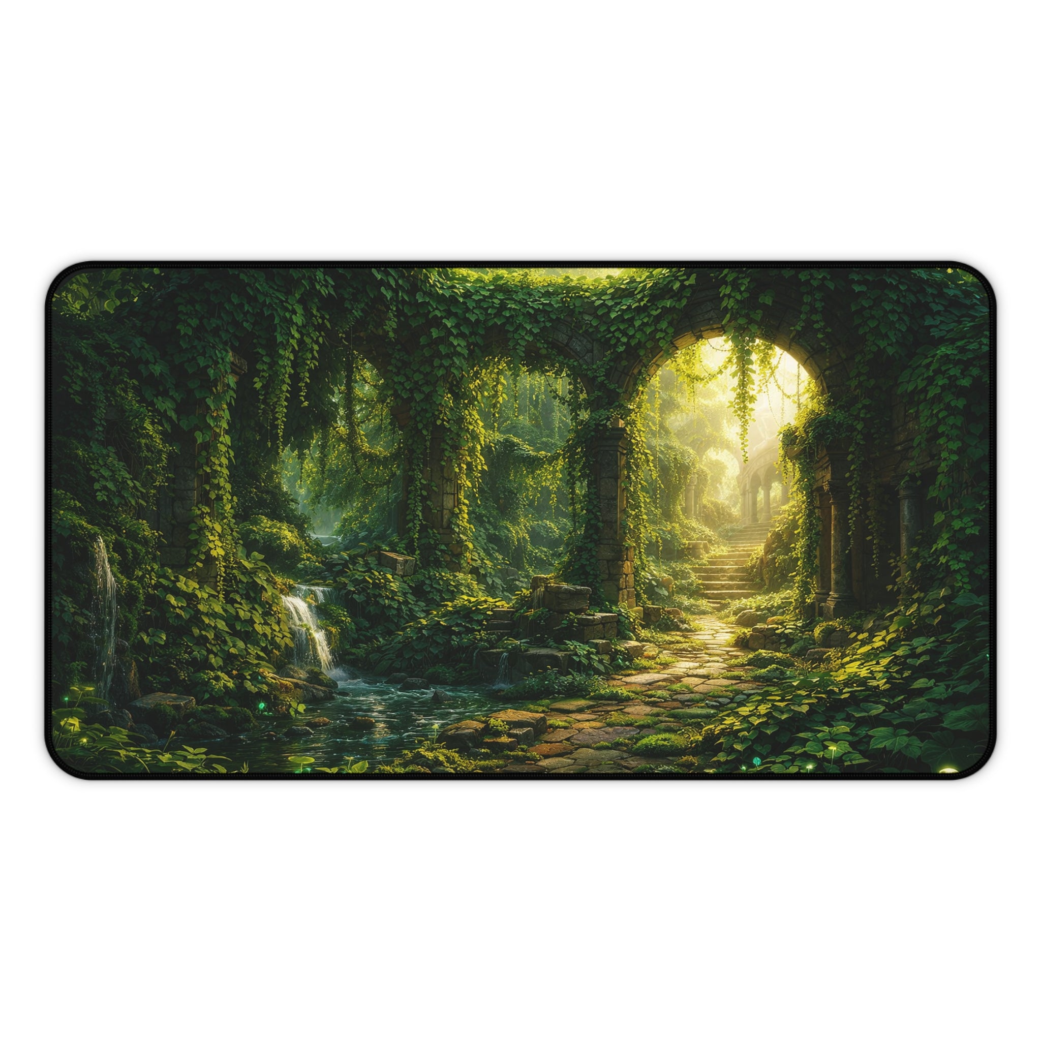 Ivy-Covered Ancient Ruins Desk Mat — Golden Sunlight Overgrown Ruins Desk Mat