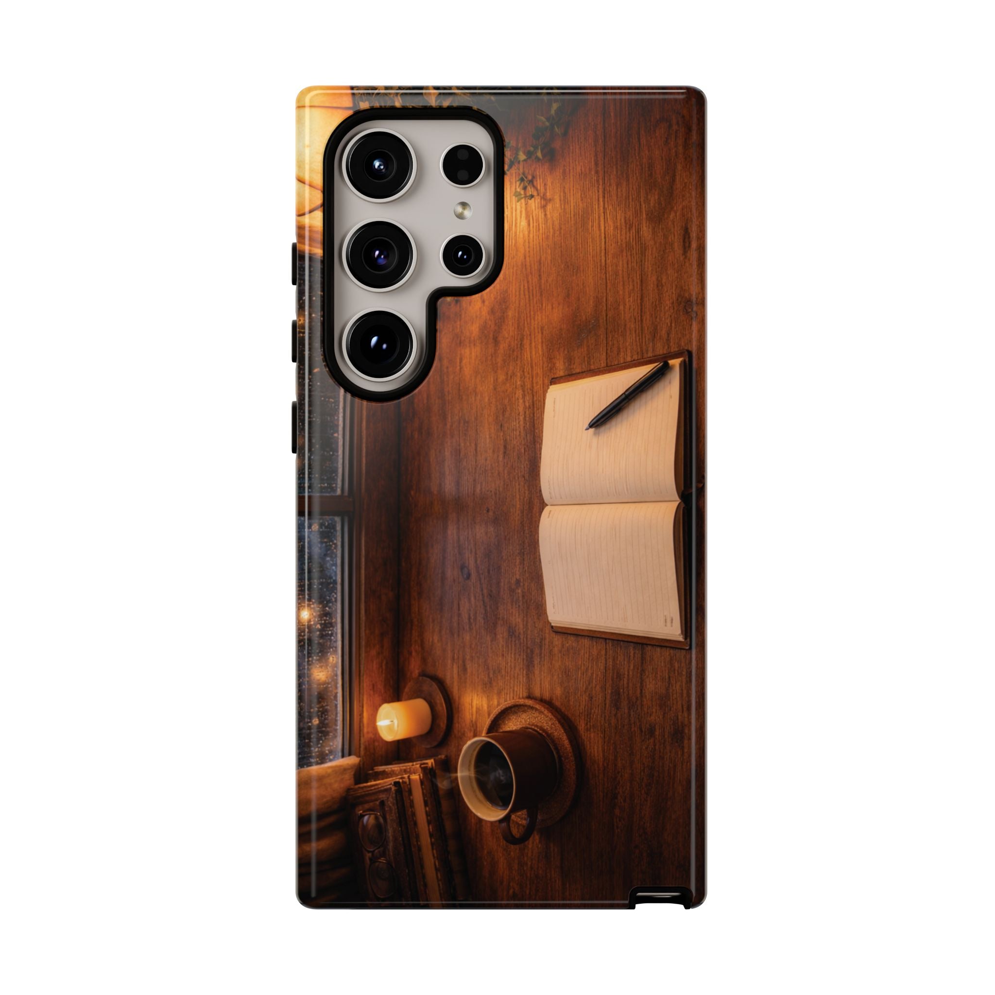 Cozy Writer’s Desk Phone Case — Cozy Notebook & Coffee Woodgrain Design