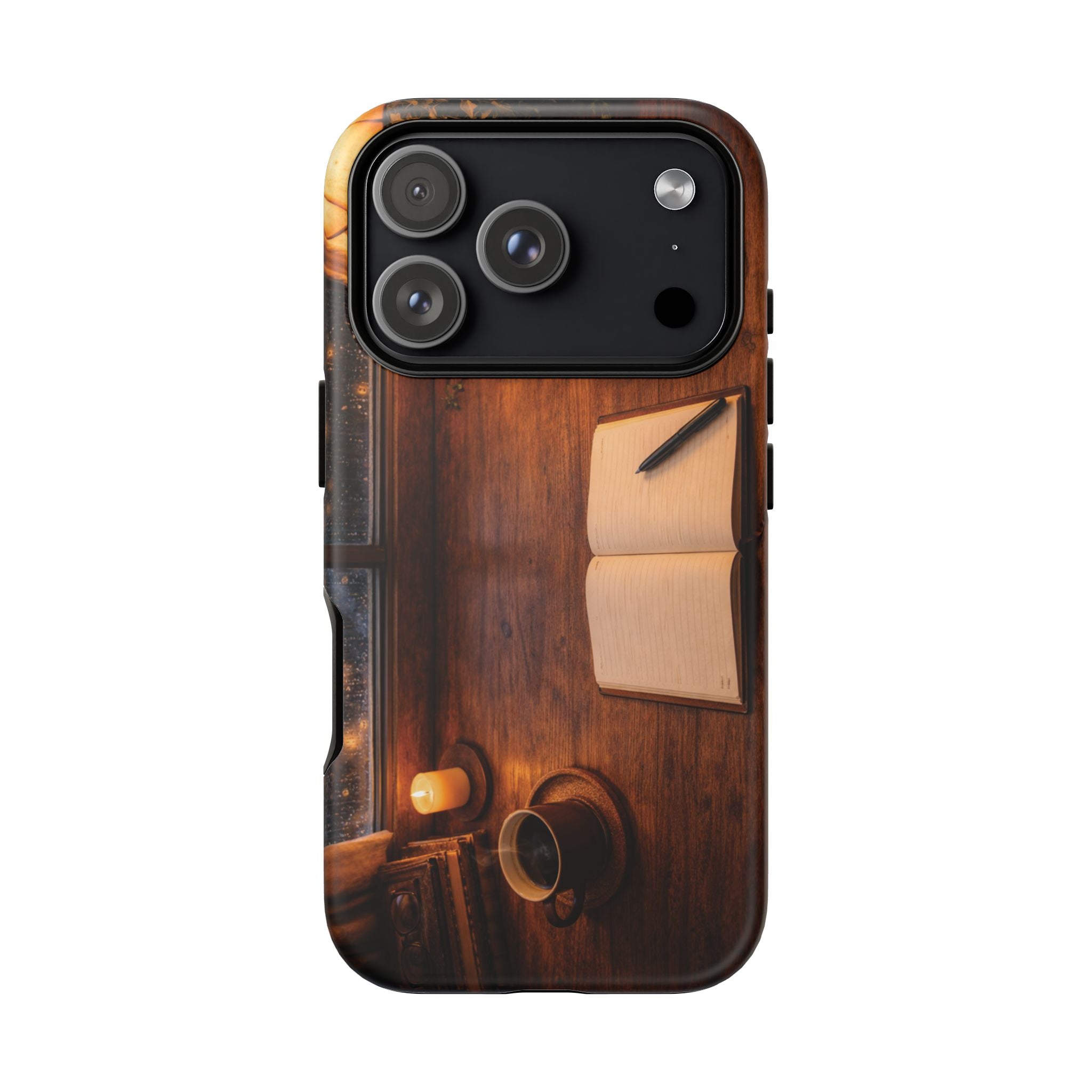 Cozy Writer’s Desk Phone Case — Cozy Notebook & Coffee Woodgrain Design