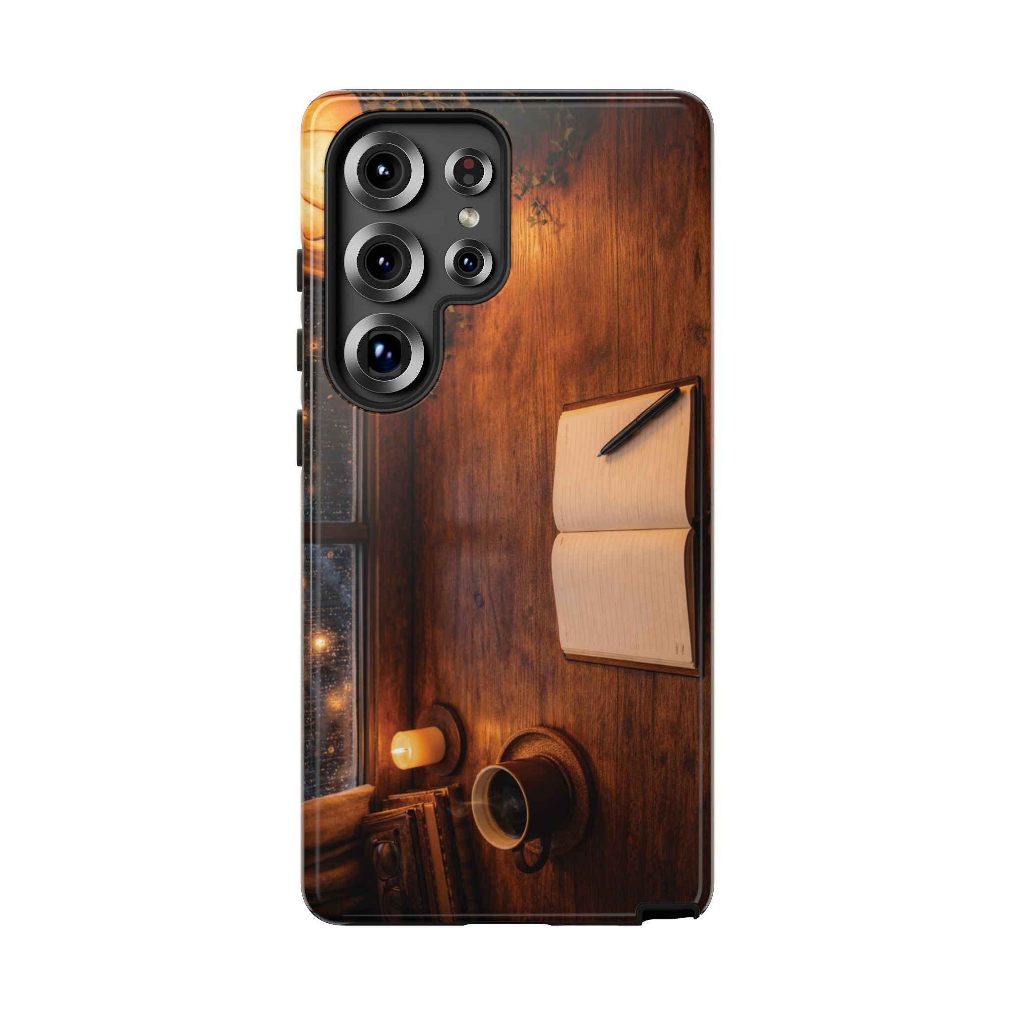 Cozy Writer’s Desk Phone Case — Cozy Notebook & Coffee Woodgrain Design