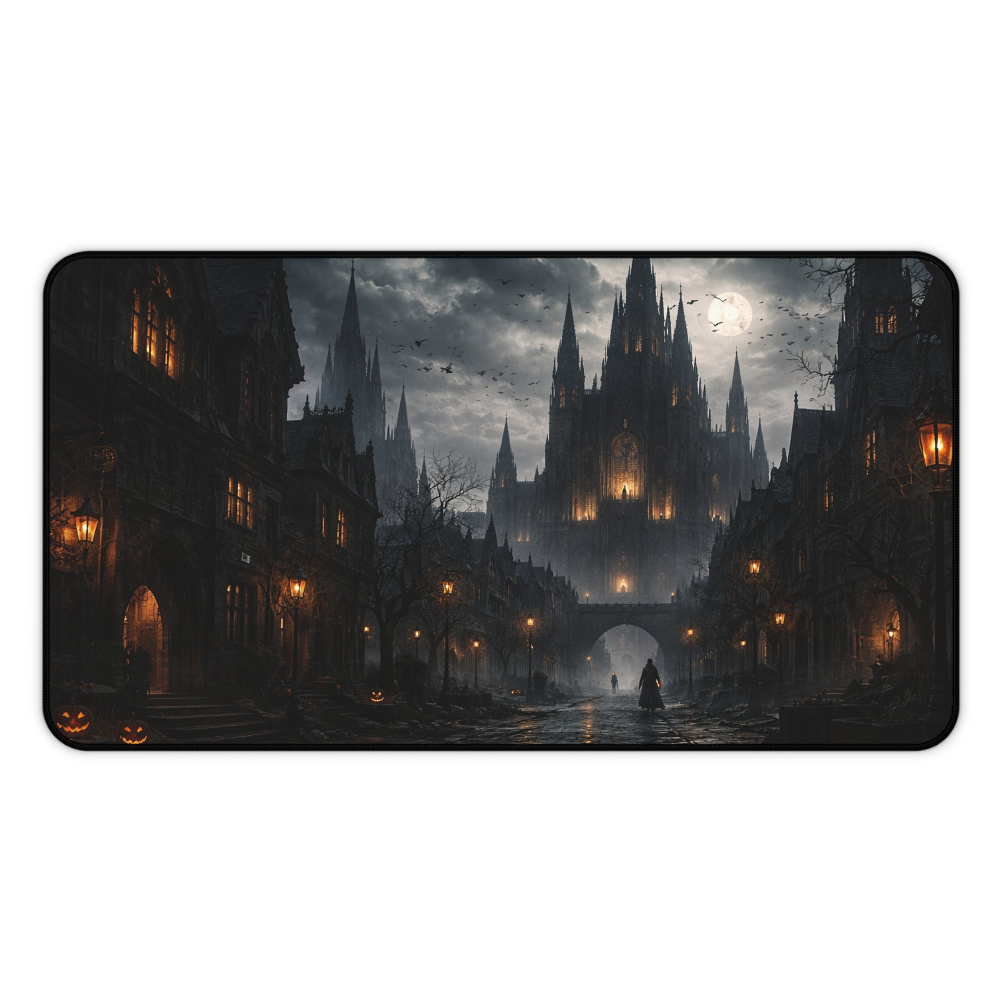 Gothic Moonlit City Desk Mat — Halloween Dark Fantasy Mouse Pad