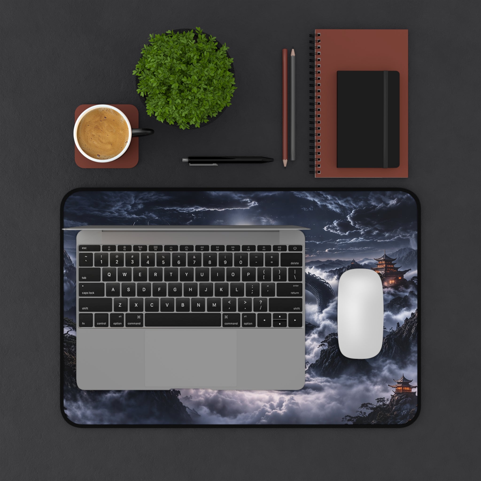 Moonlit Black Dragon Desk Mat XXL, Gaming Mouse Pad | Fantasy Japanese Dark Aesthetic