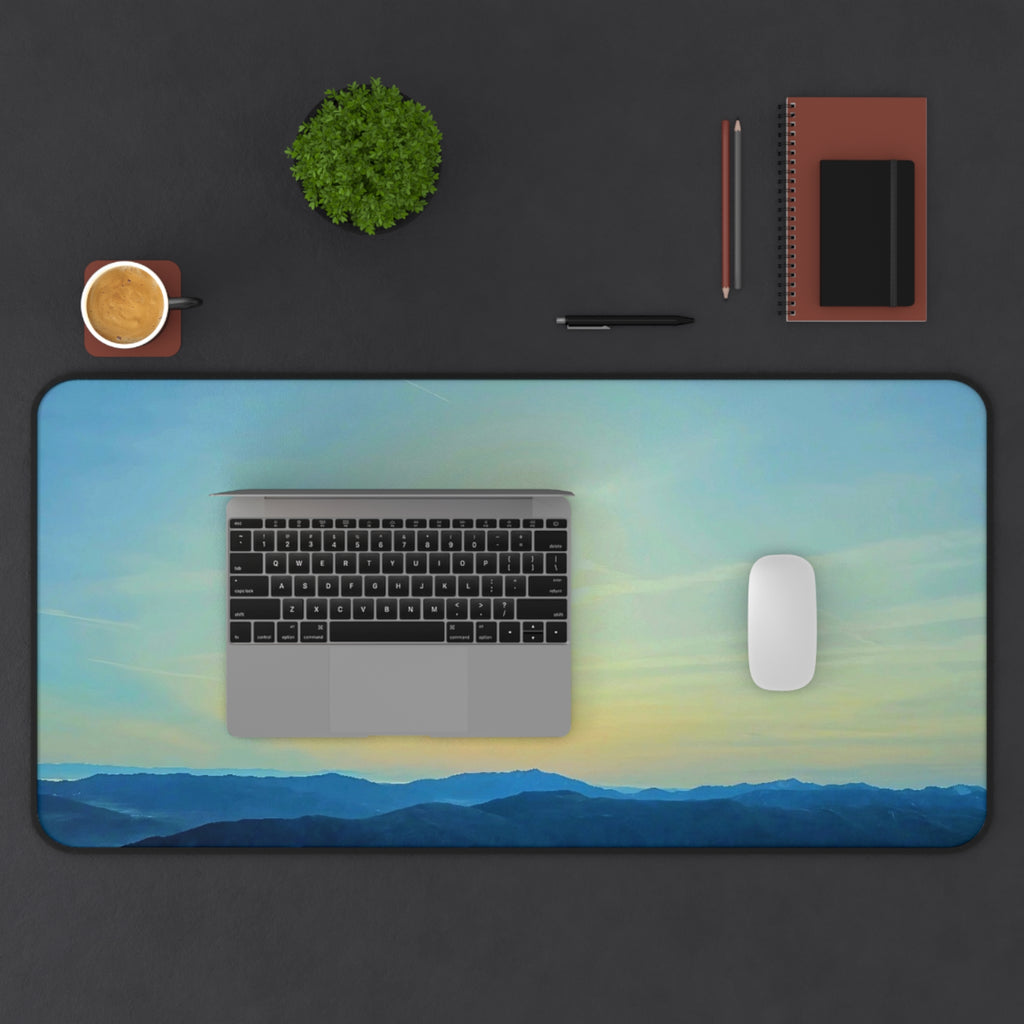 Whiteface Mountain Horizon Desk Mat — Fading Blue Peaks with Orange Sunrise