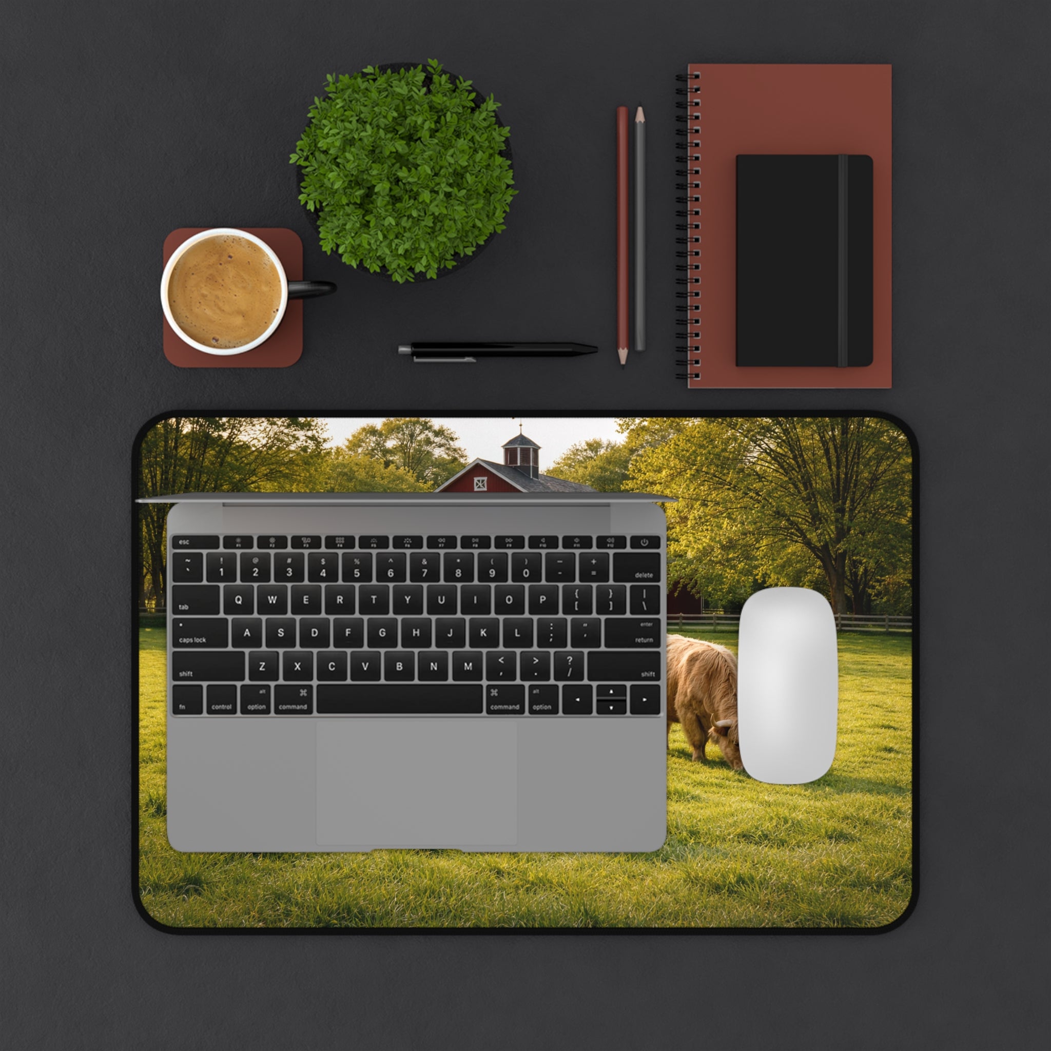 Golden Pasture Desk Mat — Highland Cattle & Red Barn Rustic Desk Pad