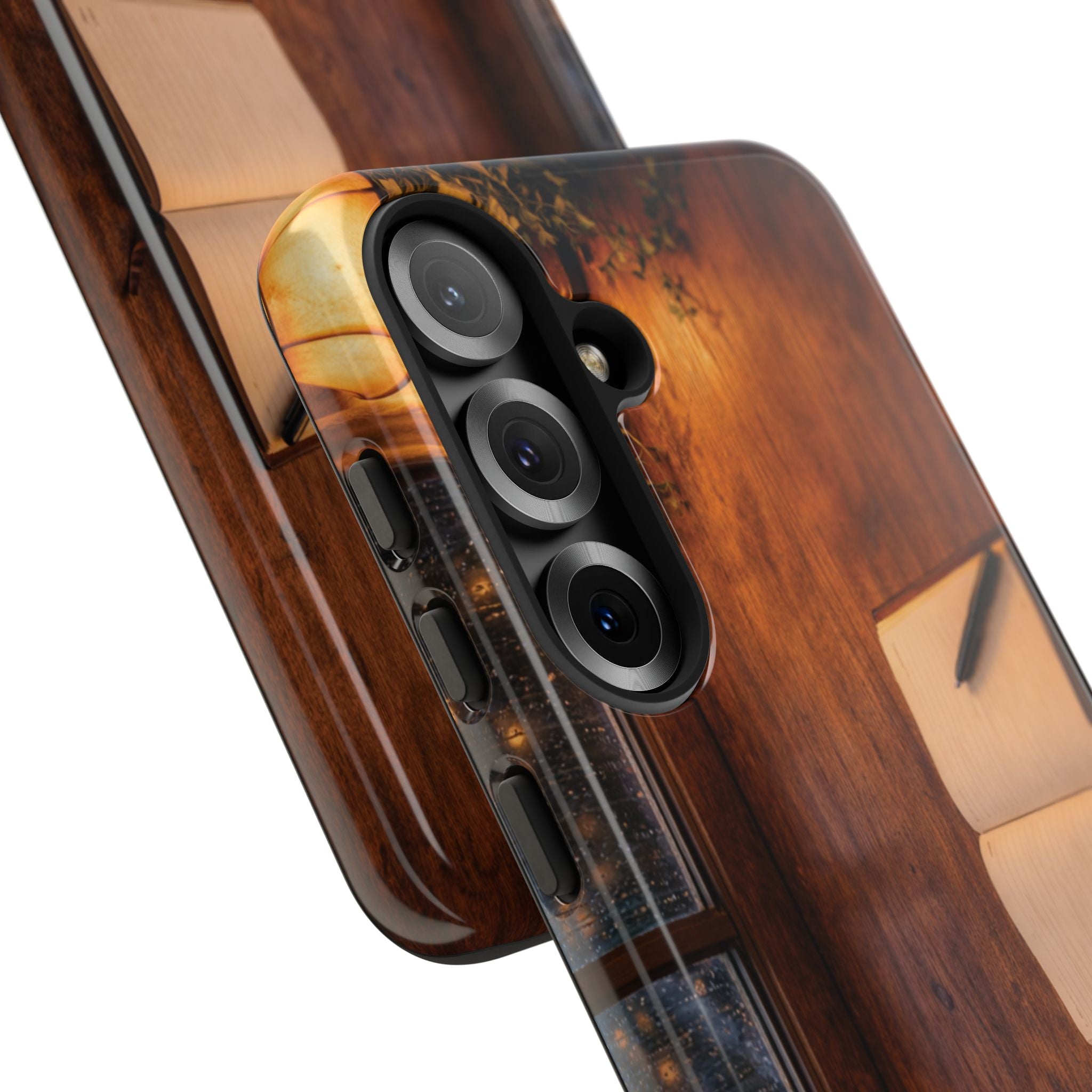 Cozy Writer’s Desk Phone Case — Cozy Notebook & Coffee Woodgrain Design