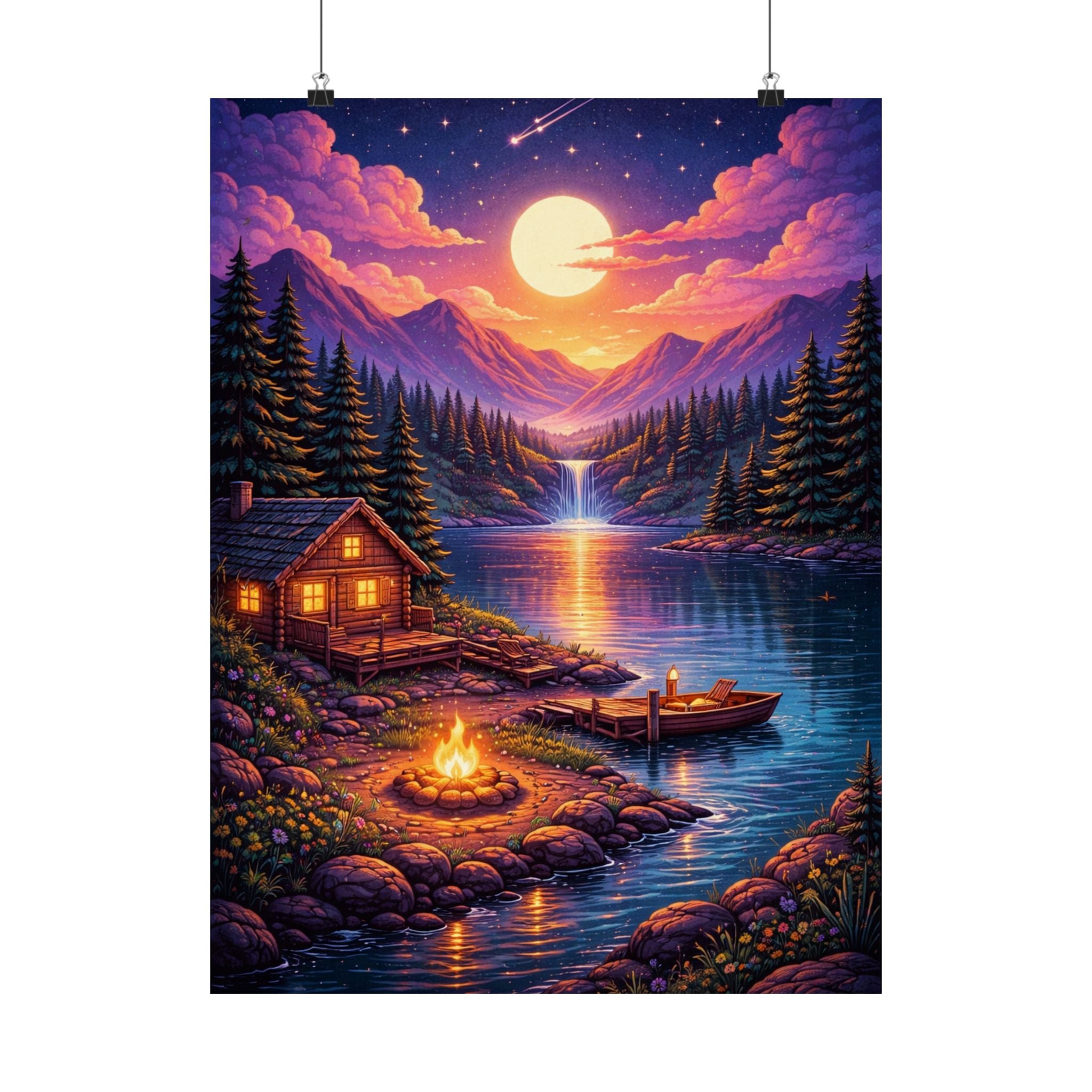 Sunset Cabin Lake Poster Mountain Landscape Wall Art Cozy Cabin Print Nature Sunset Art Rustic Wall Decor Forest Lake Matte Vertical Print