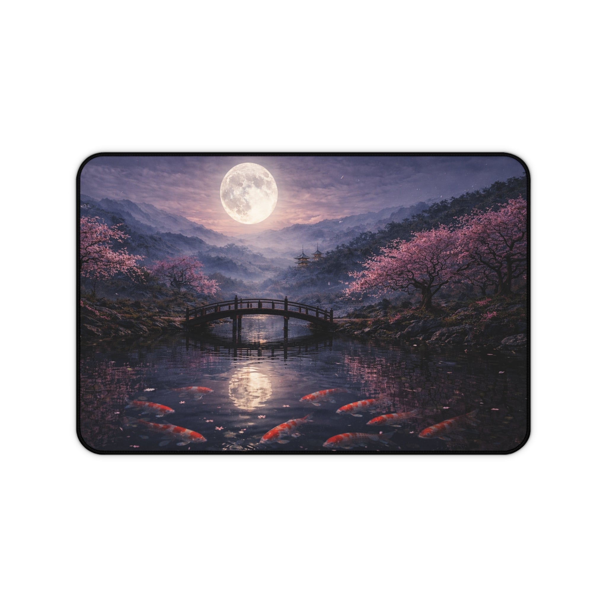 Moonlit Cherry Blossom Desk Mat, Japanese Koi Pond Mouse Pad, Sakura Bridge Night Scene, Aesthetic Gaming Desk Mat, Large Extended Mousepad