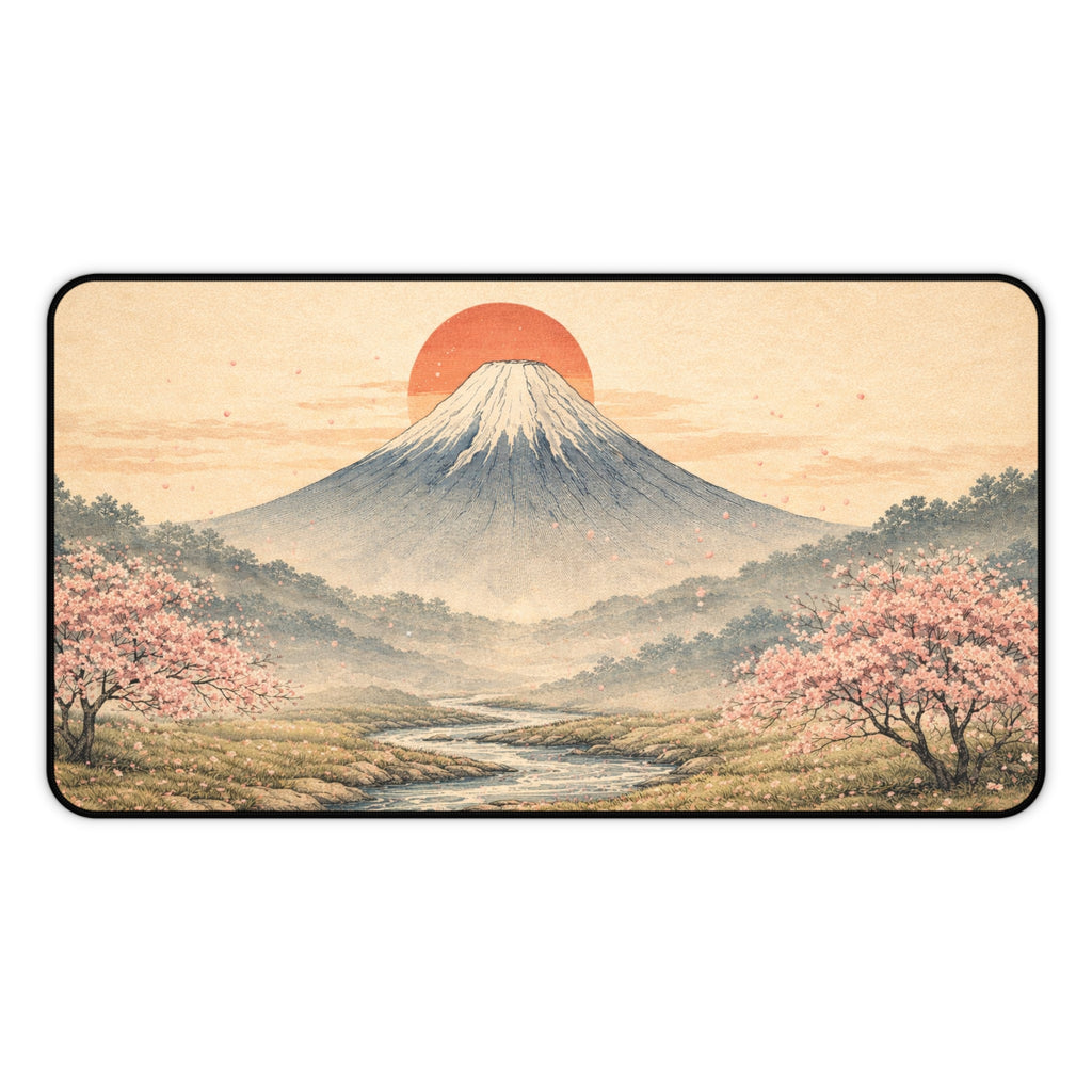 Japanese Ukiyo-e Desk Mat — Mountain, Red Sun & Cherry Blossoms