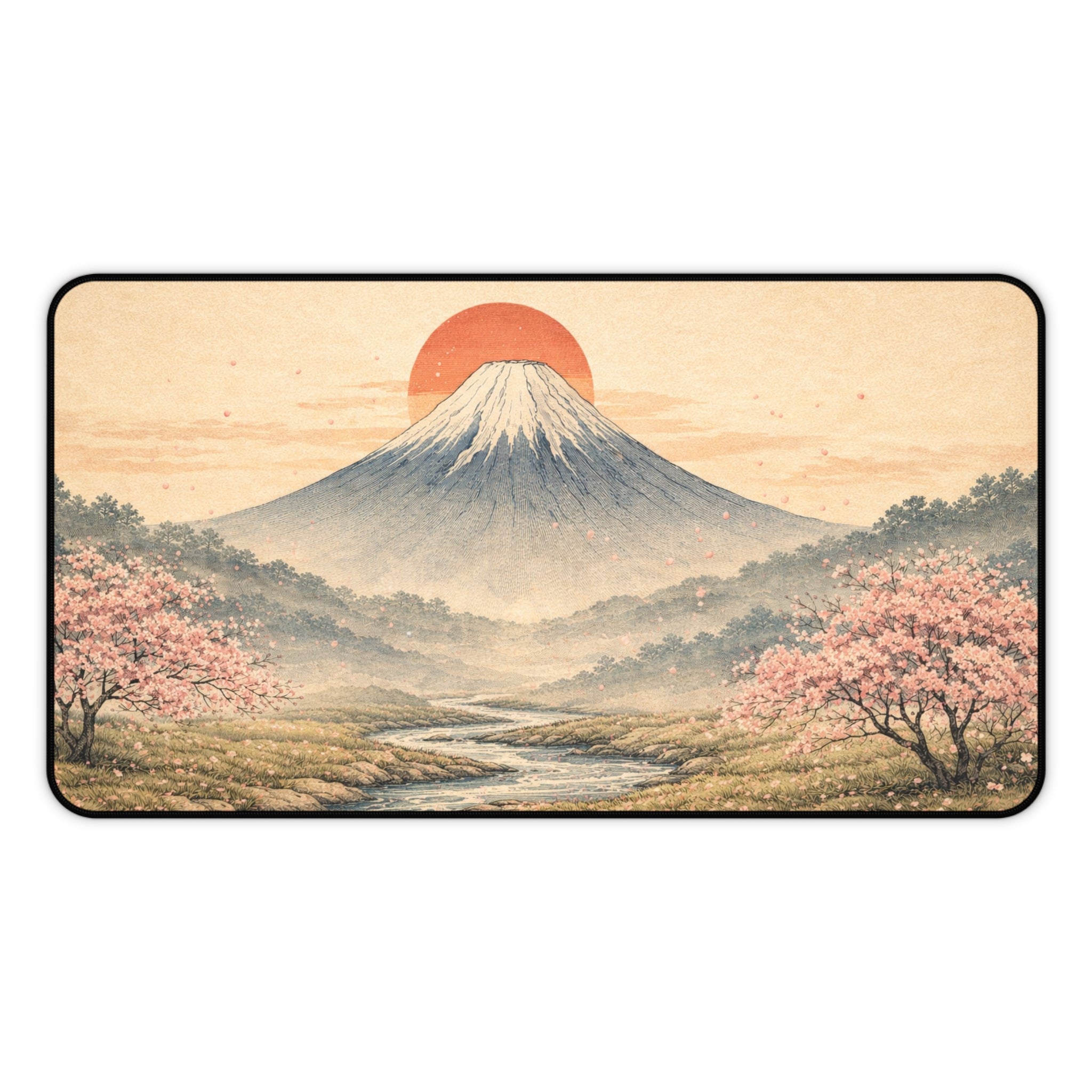 Japanese Ukiyo-e Desk Mat — Mountain, Red Sun & Cherry Blossoms