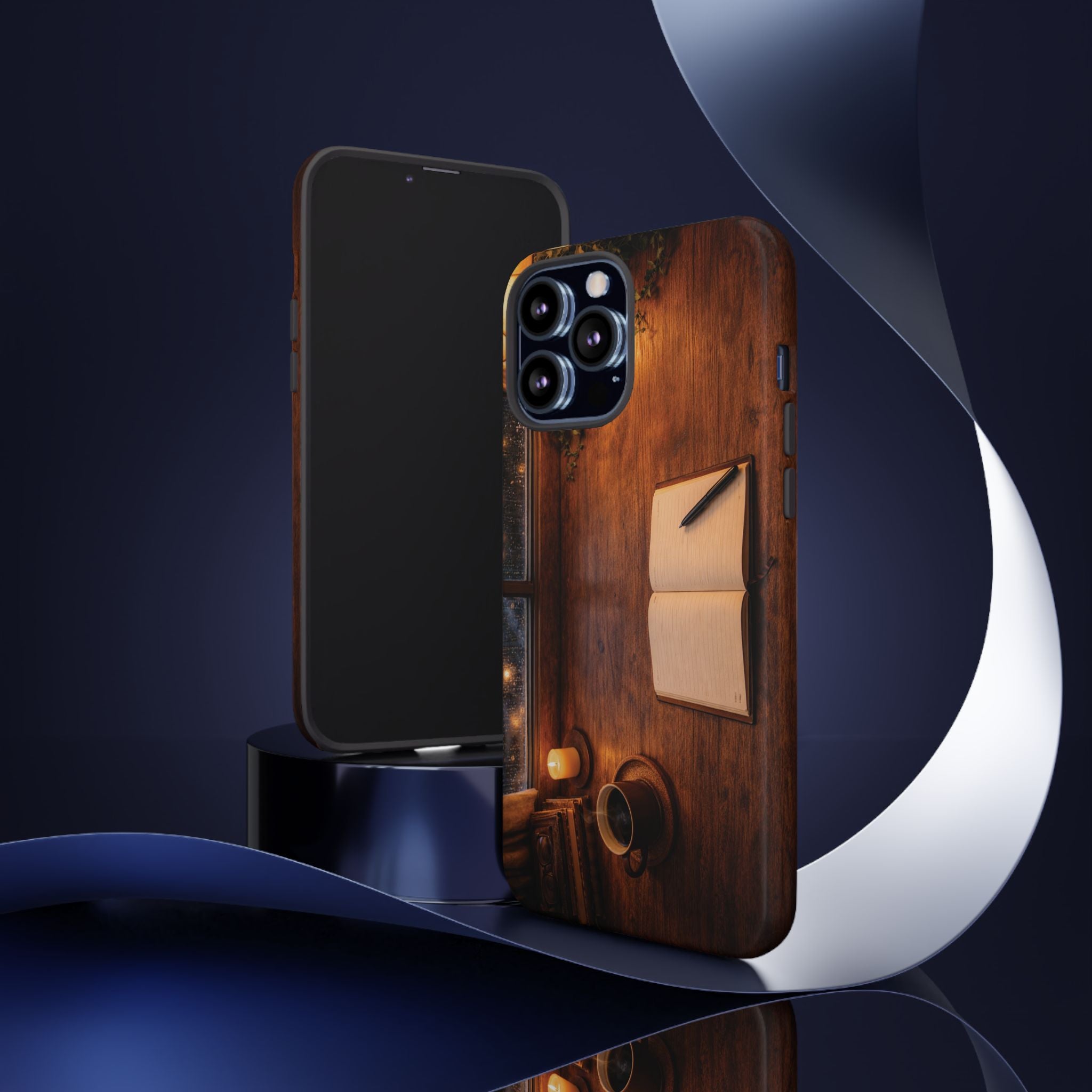 Cozy Writer’s Desk Phone Case — Cozy Notebook & Coffee Woodgrain Design