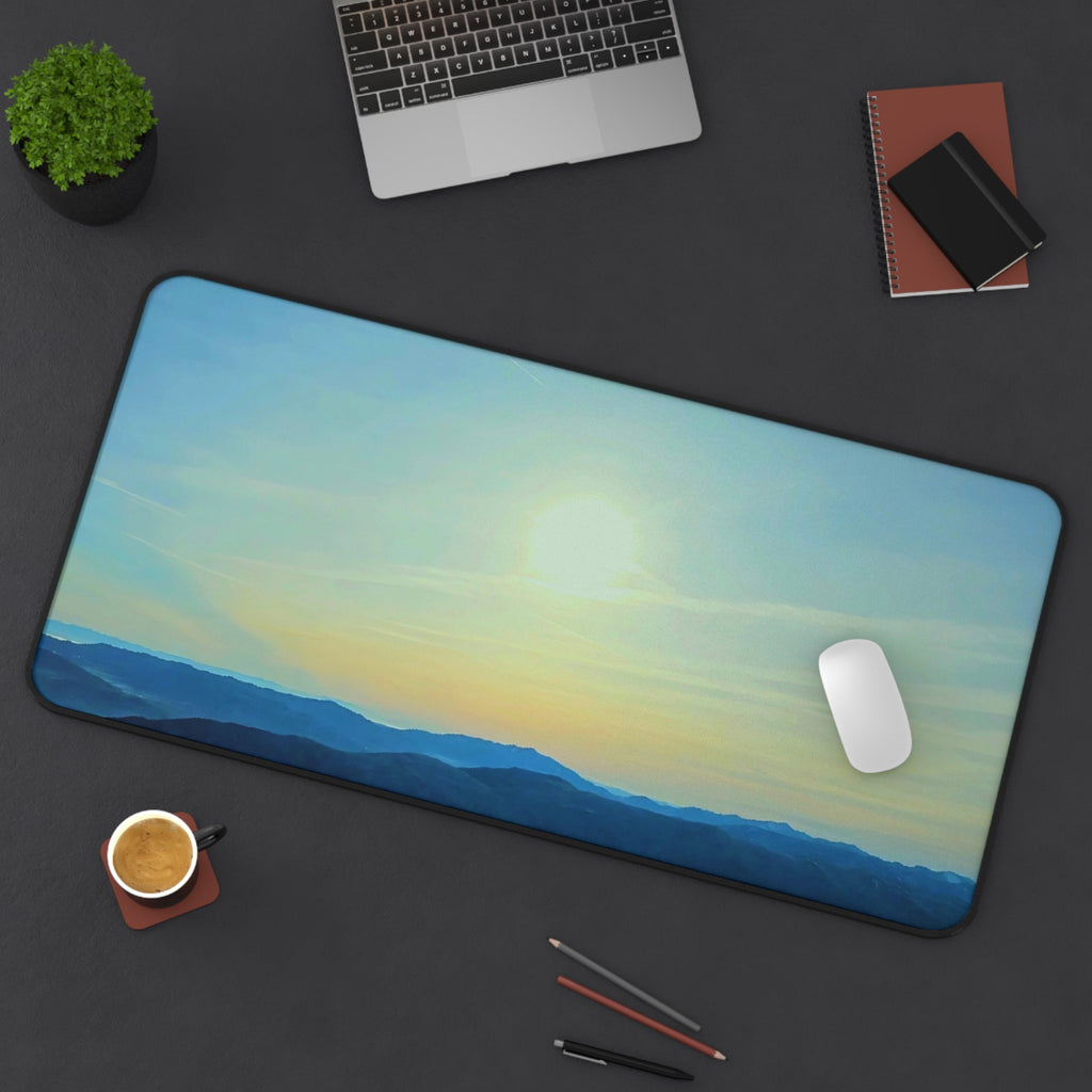 Whiteface Mountain Horizon Desk Mat — Fading Blue Peaks with Orange Sunrise