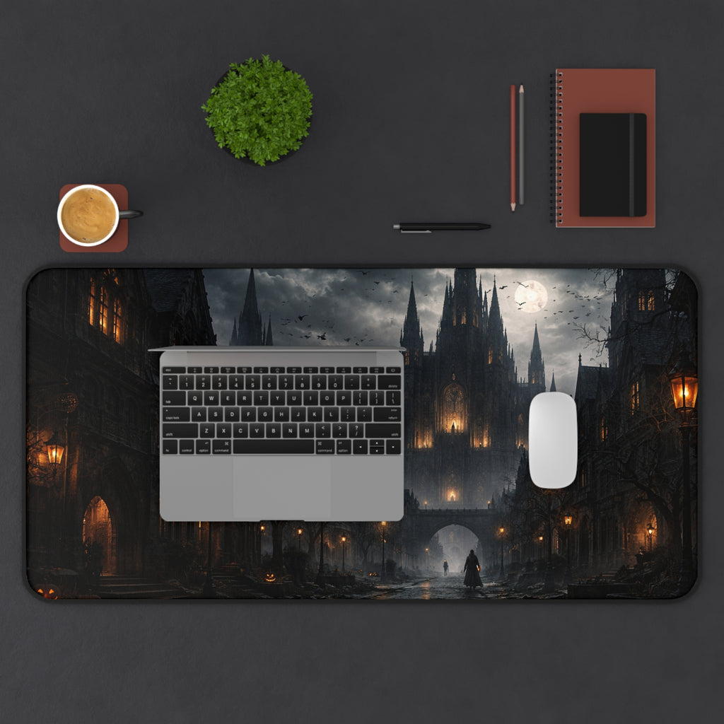 Gothic Moonlit City Desk Mat — Halloween Dark Fantasy Mouse Pad