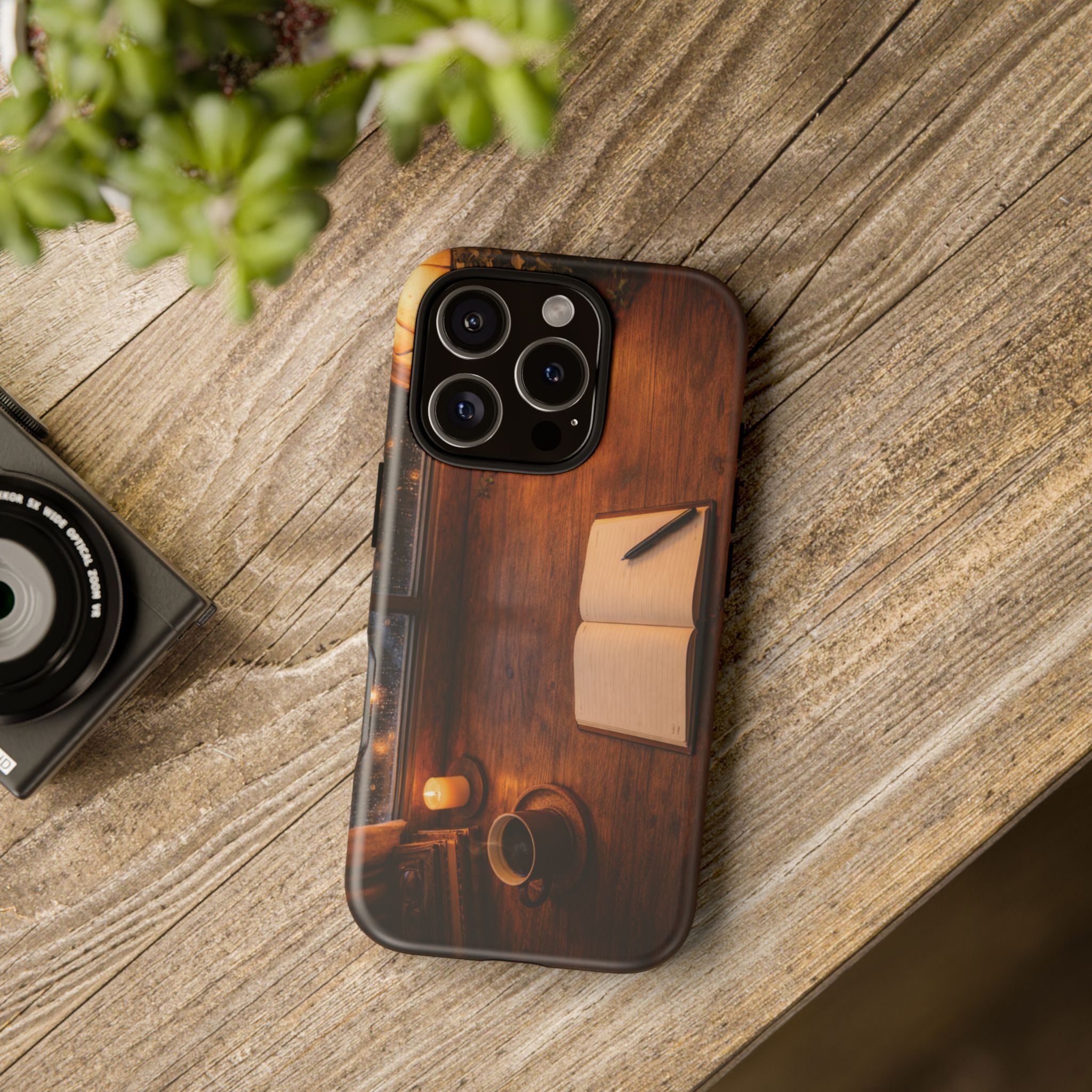 Cozy Writer’s Desk Phone Case — Cozy Notebook & Coffee Woodgrain Design