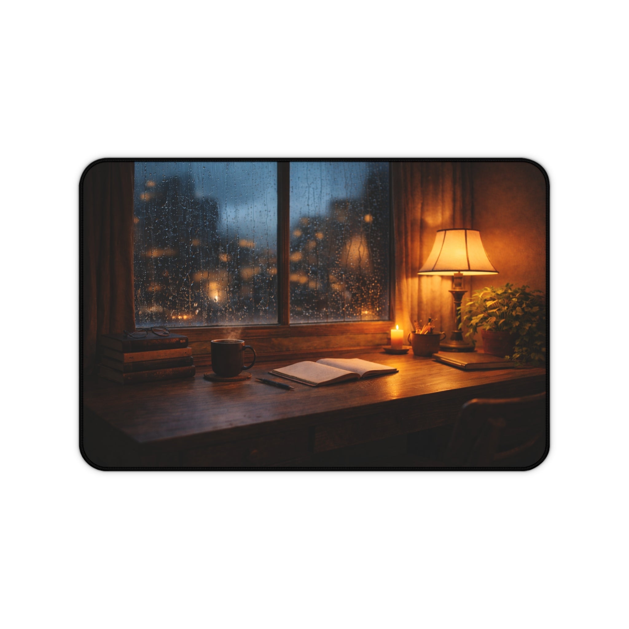 Cozy Rainy Night Desk Mat — Lamplight, Books & Coffee Aesthetic