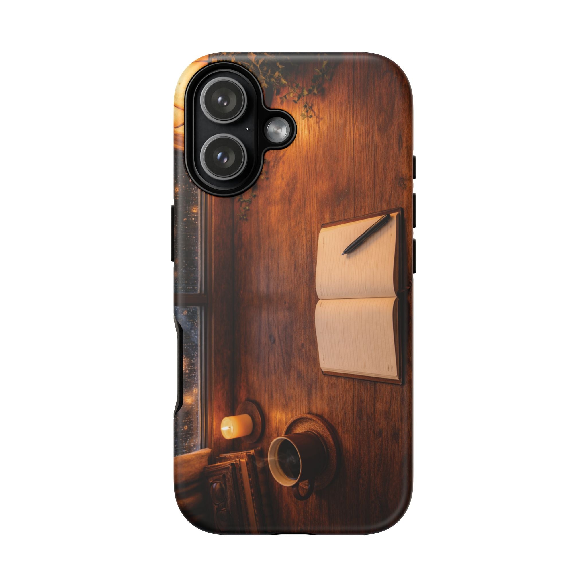 Cozy Writer’s Desk Phone Case — Cozy Notebook & Coffee Woodgrain Design