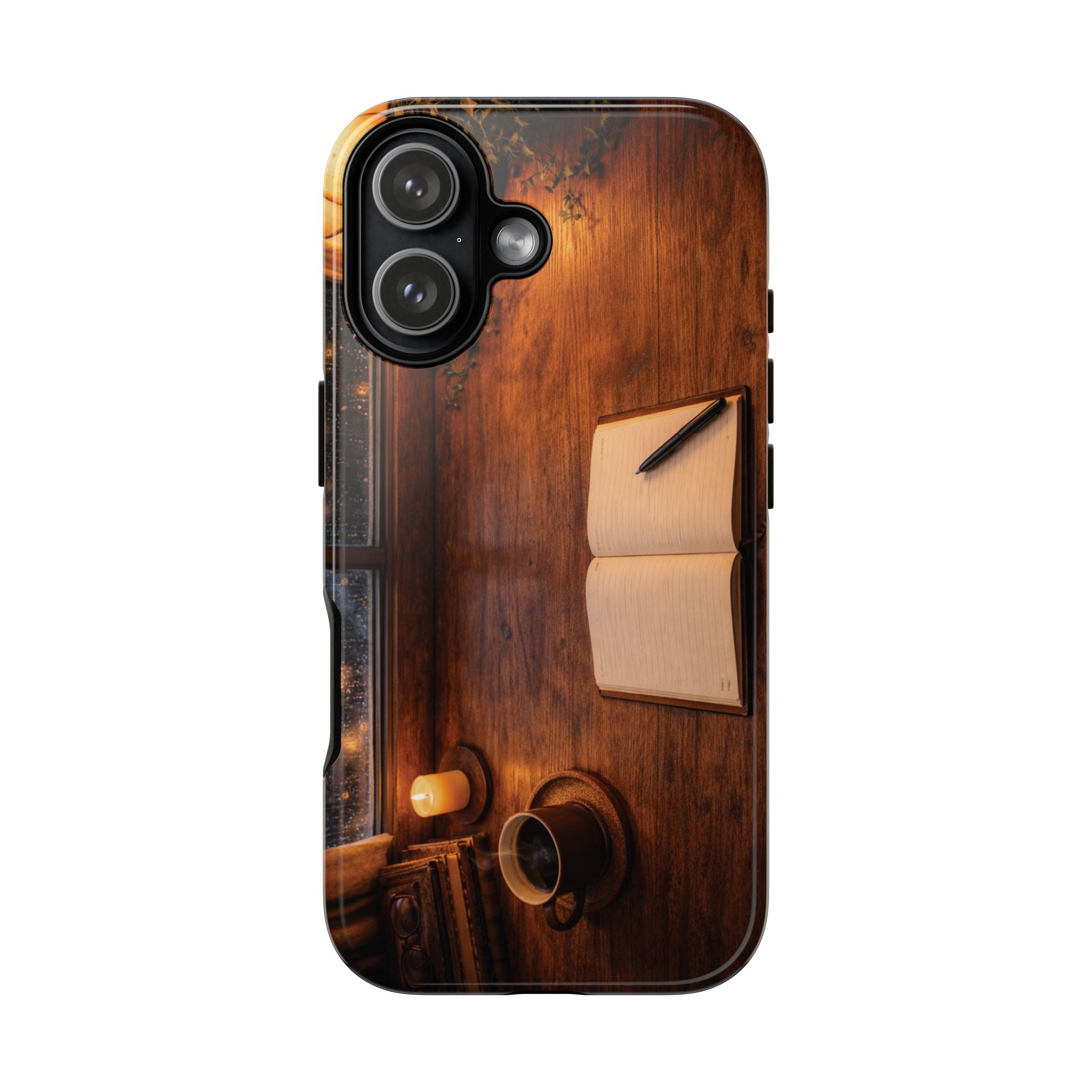 Cozy Writer’s Desk Phone Case — Cozy Notebook & Coffee Woodgrain Design