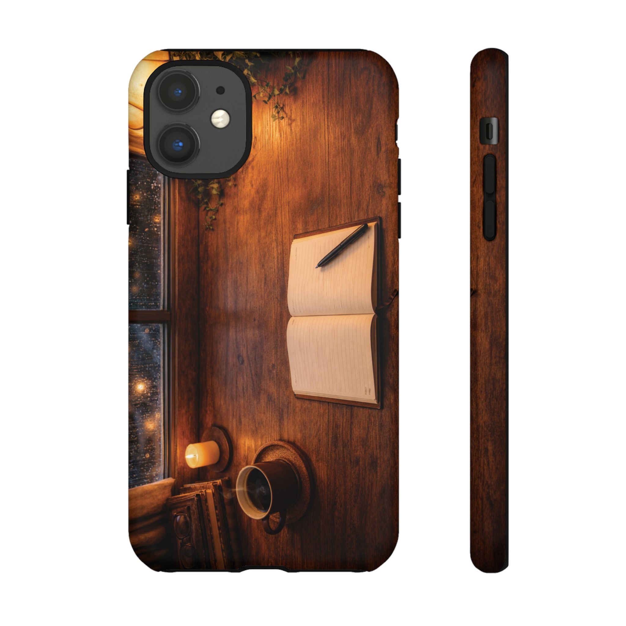 Cozy Writer’s Desk Phone Case — Cozy Notebook & Coffee Woodgrain Design