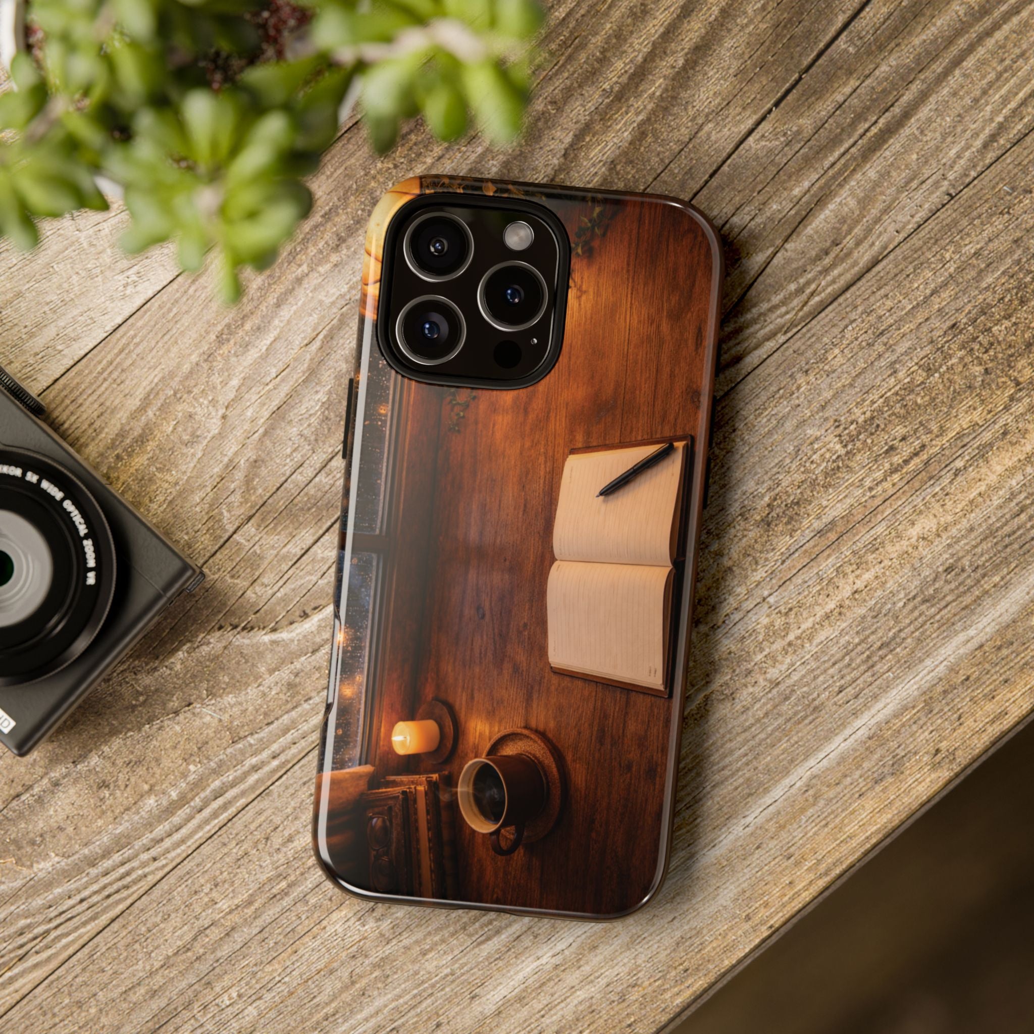 Cozy Writer’s Desk Phone Case — Cozy Notebook & Coffee Woodgrain Design