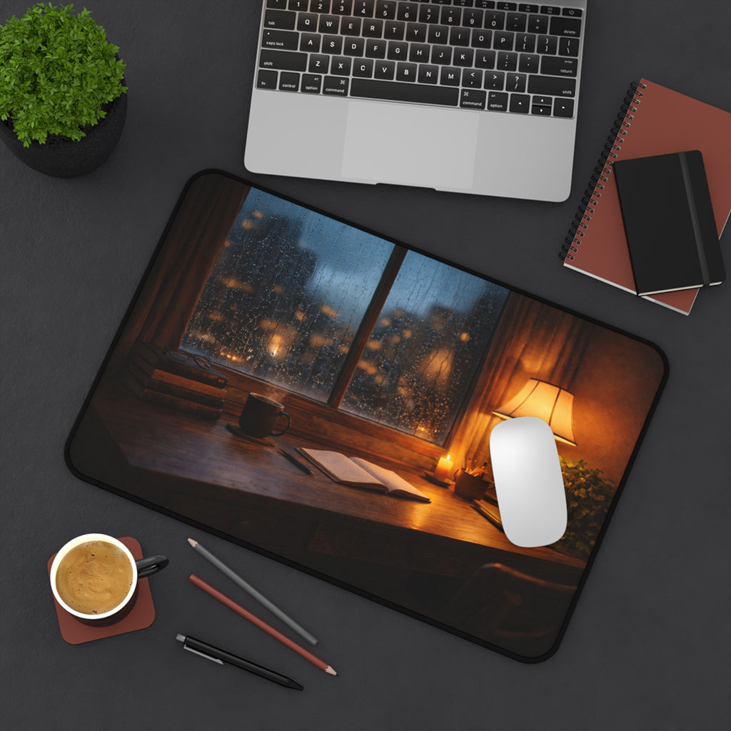 Cozy Rainy Night Desk Mat — Lamplight, Books & Coffee Aesthetic