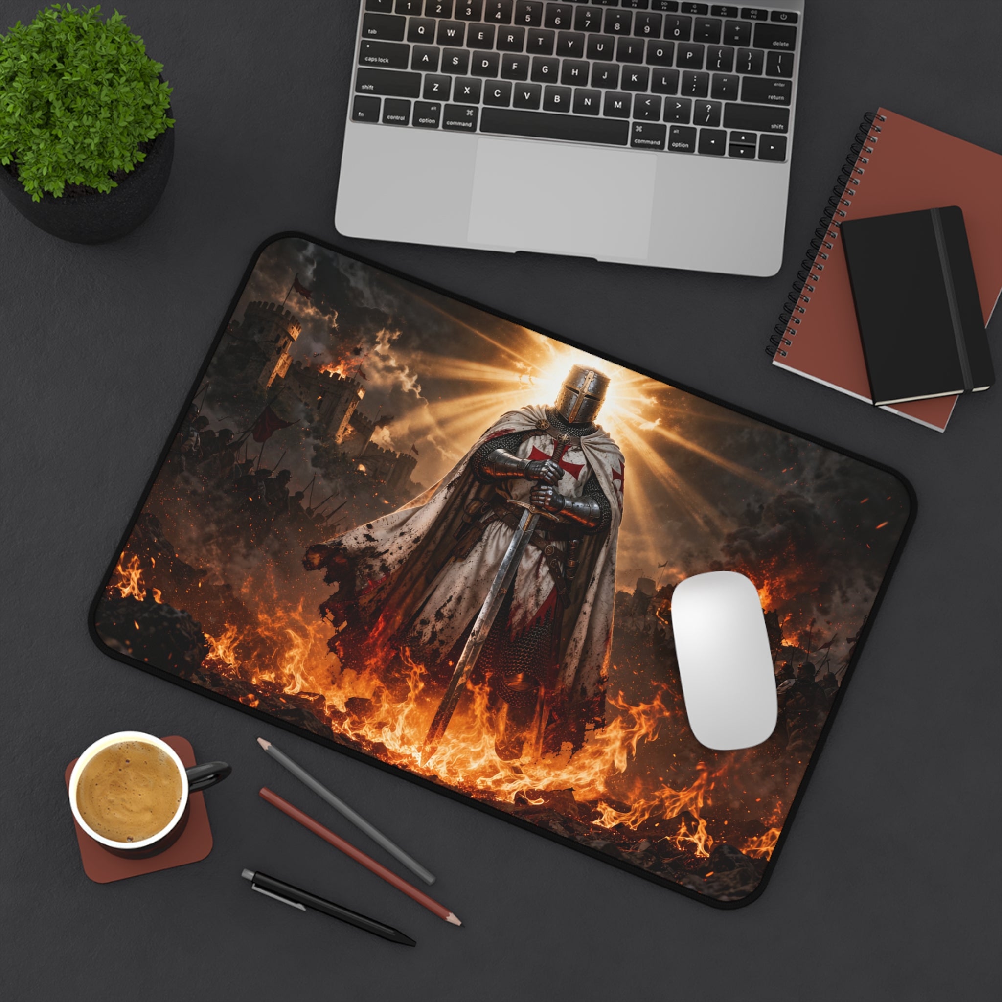 Crusader Flame Desk Mat — Battle-Scarred Gamer Mousepad