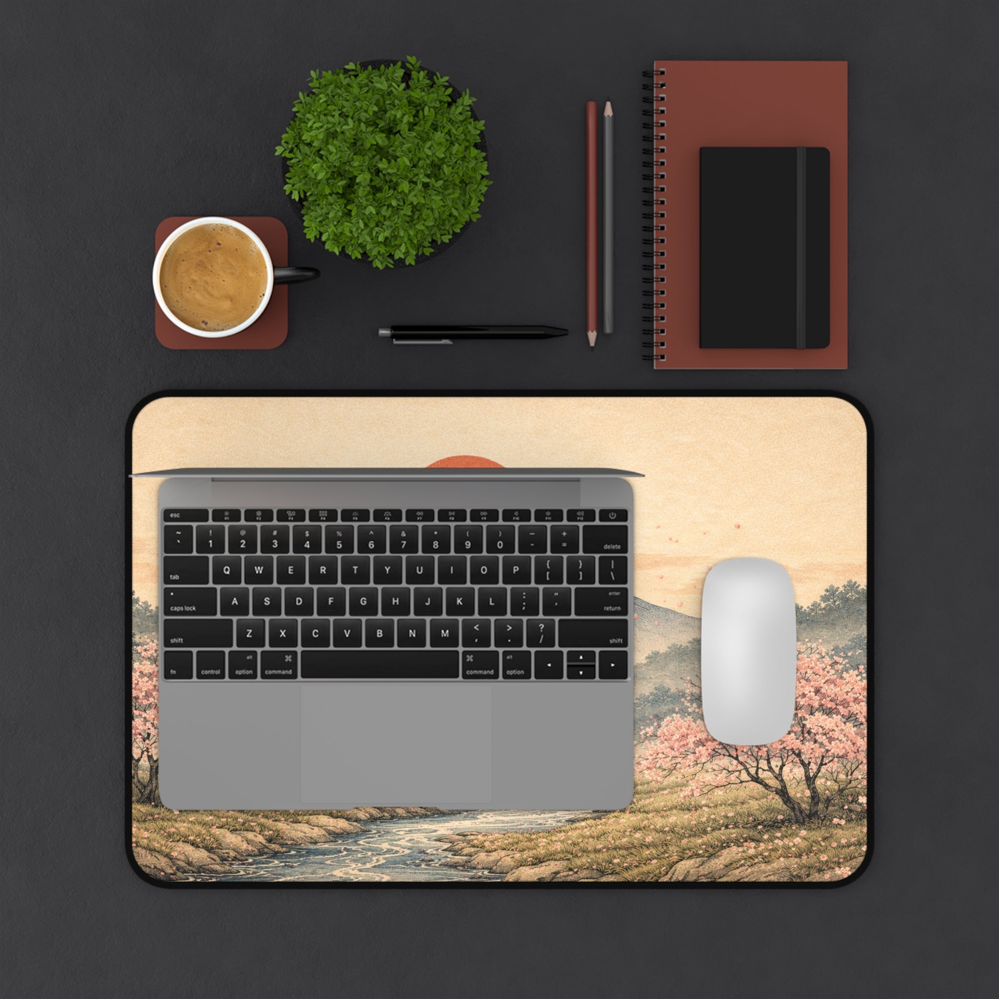 Japanese Ukiyo-e Desk Mat — Mountain, Red Sun & Cherry Blossoms