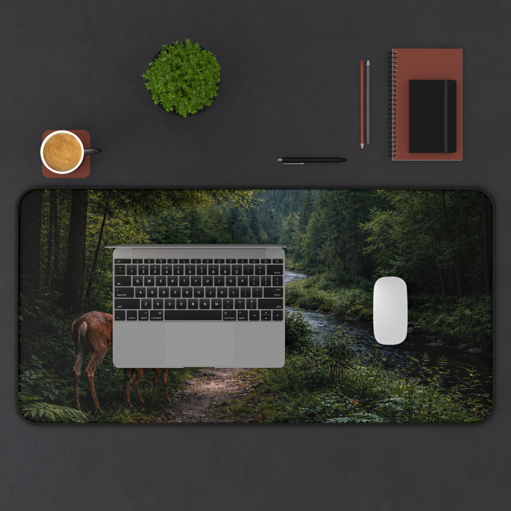 Forest Path Mouse Pad Desk Mat — Deer & Fawn Woodland Scene