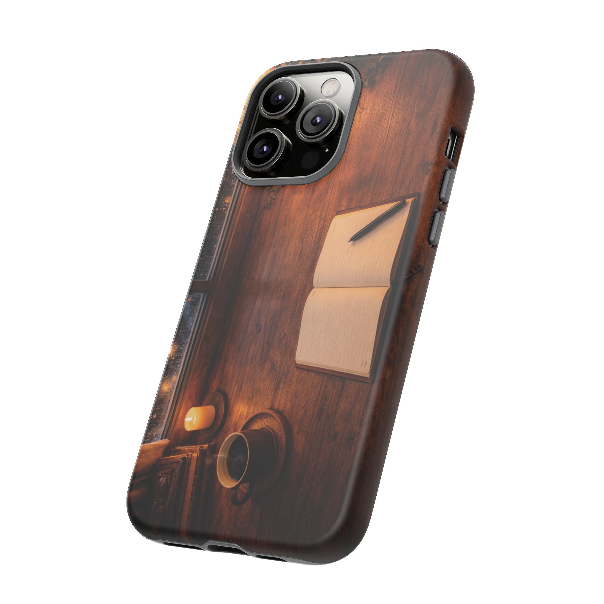 Cozy Writer’s Desk Phone Case — Cozy Notebook & Coffee Woodgrain Design