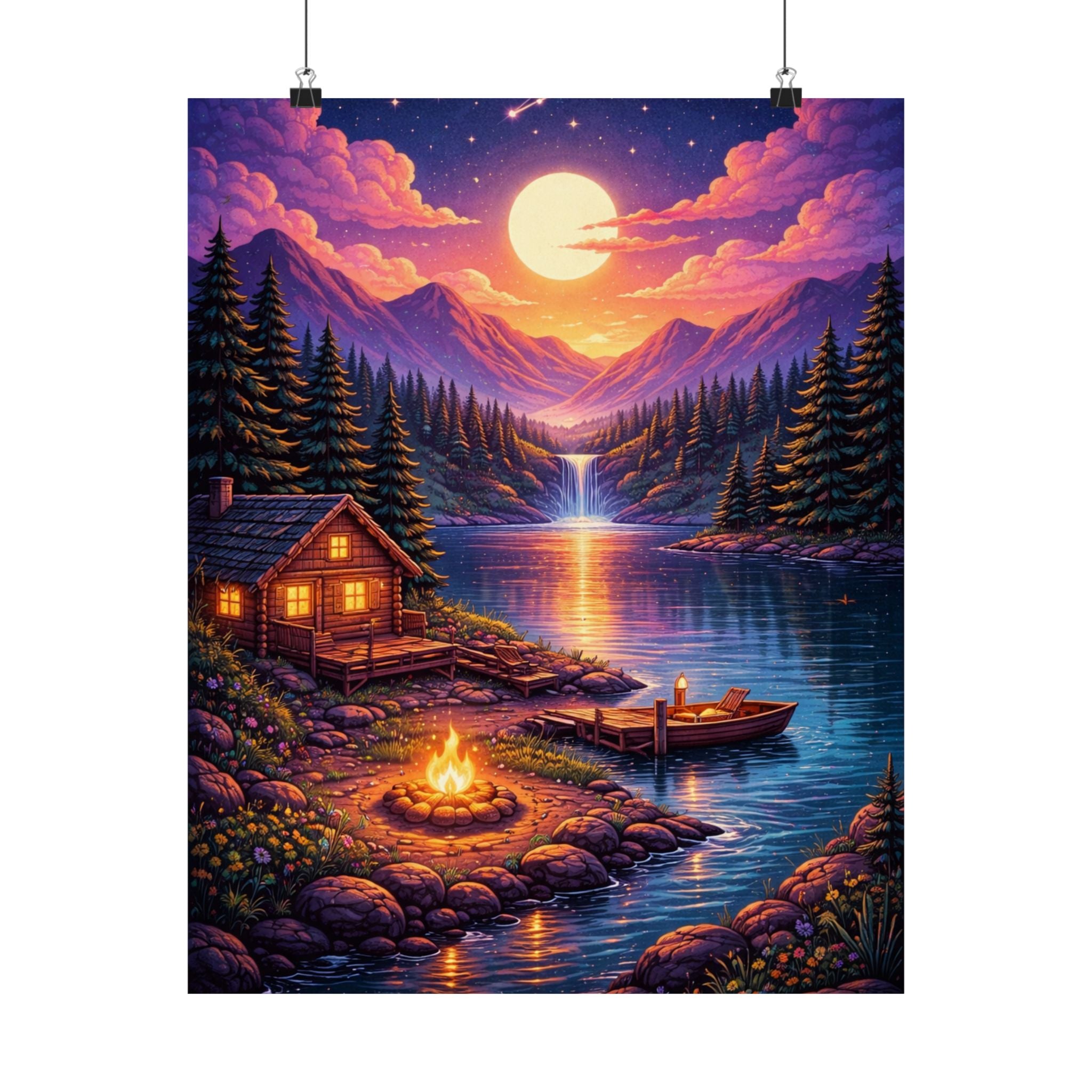 Sunset Cabin Lake Poster Mountain Landscape Wall Art Cozy Cabin Print Nature Sunset Art Rustic Wall Decor Forest Lake Matte Vertical Print